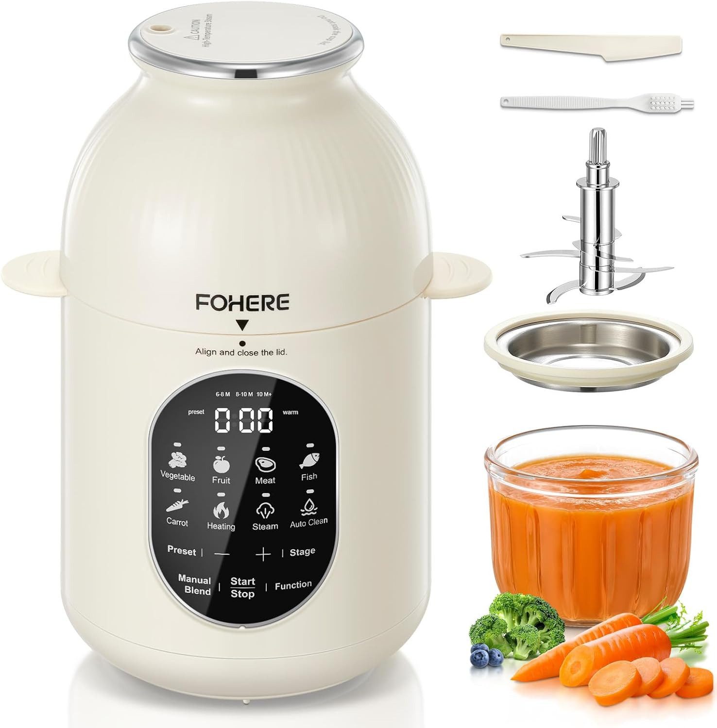 FOHERE Babynahrungszubereiter Automatischer Zerkleinerer, Dampfgarer und Mixer, aus Edelstahl, weiß