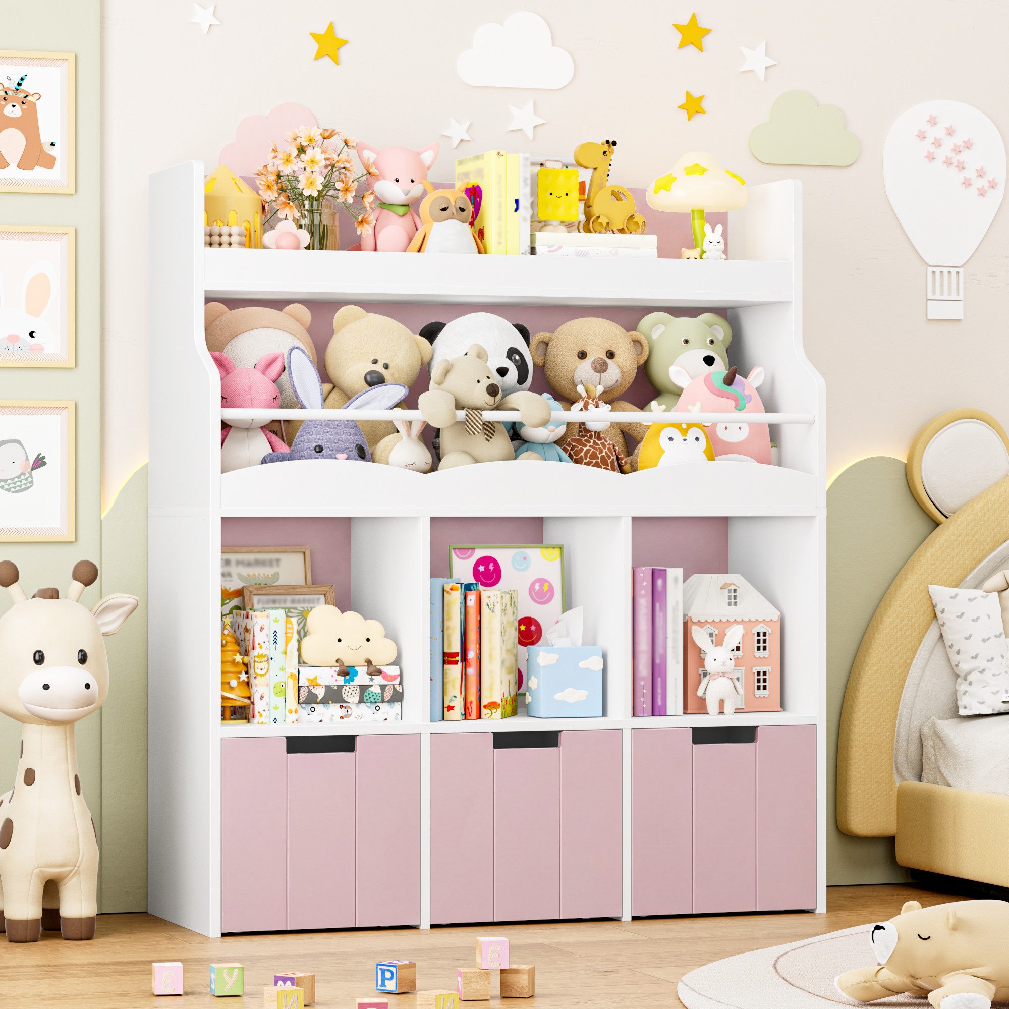 HOMECHO Spielzeugtruhe Kinderregal mit 5 Fächern und Rollschubladen, Weiß Kinderbücherregal für Schlafzimmer Kinderzimmer 110x100x30cm
