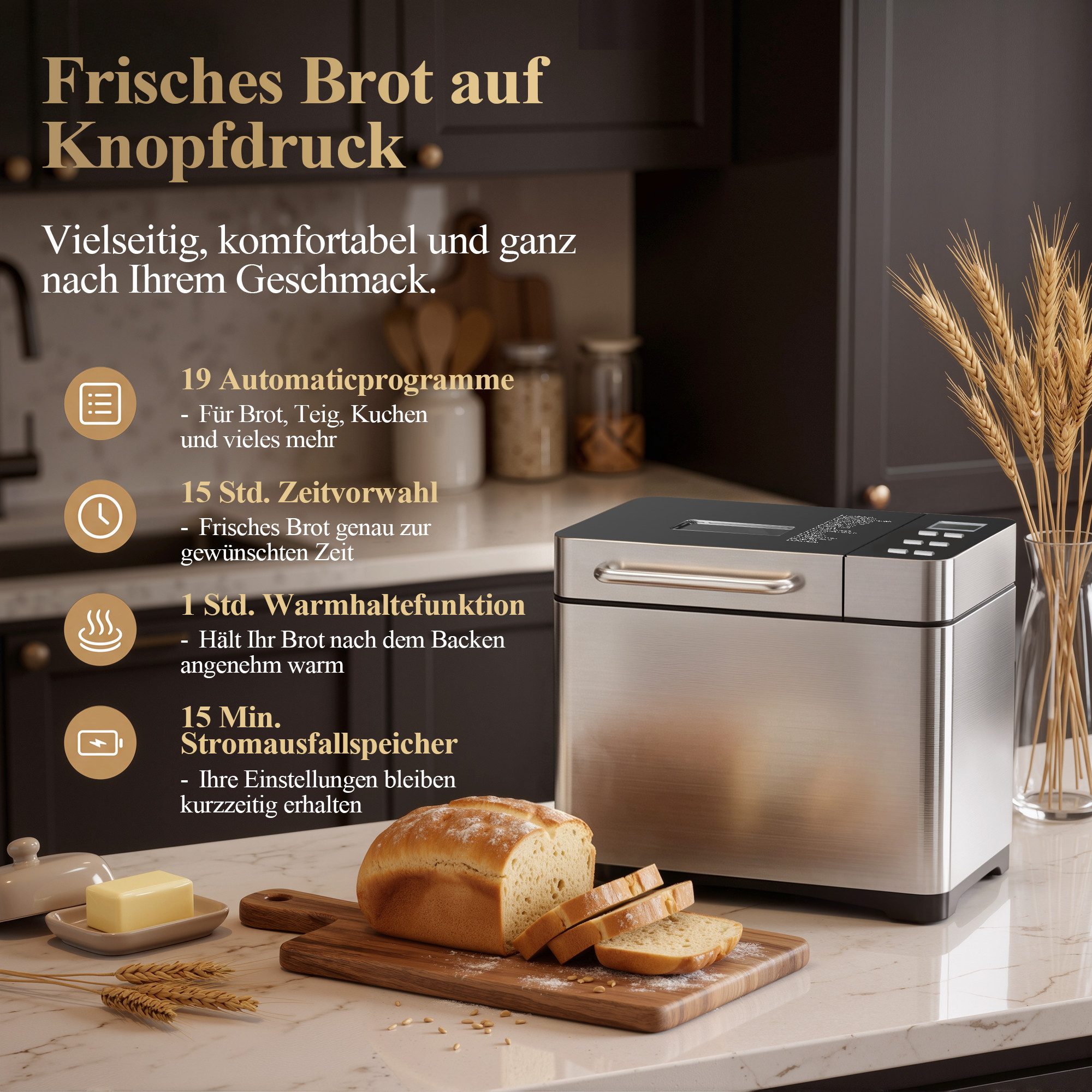 Furnicopia Brotbackautomat 19-in-1 Brotbackautomat, 1kg, Edelstahl, Timer, automatische Beigabe, 19 Programme, 710 W, 19 Programme, 3 Krustenfarben 3 GroBen,Ker – Bild 3 von 5