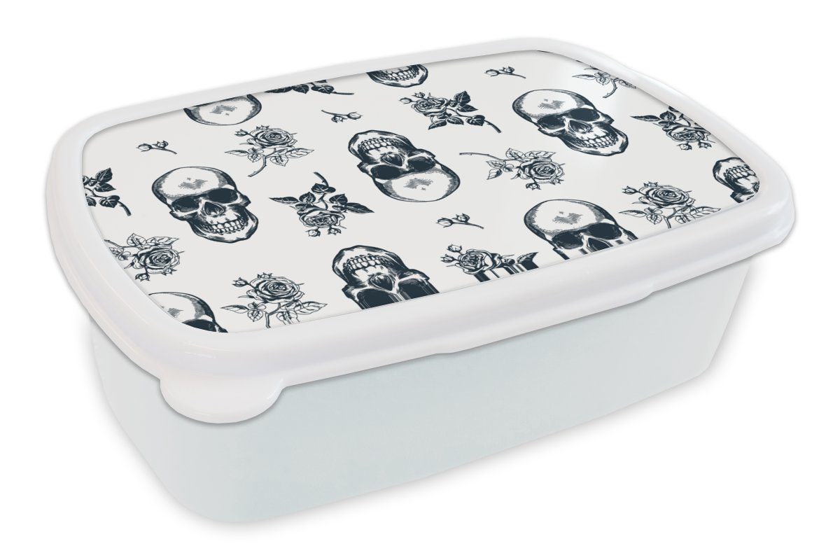 MuchoWow Lunchbox Teens - Totenkopf - Muster, Kunststoff, (2-tlg), Brotbox für Kinder und Erwachsene, Brotdose, für Jungs und Mädchen weiß