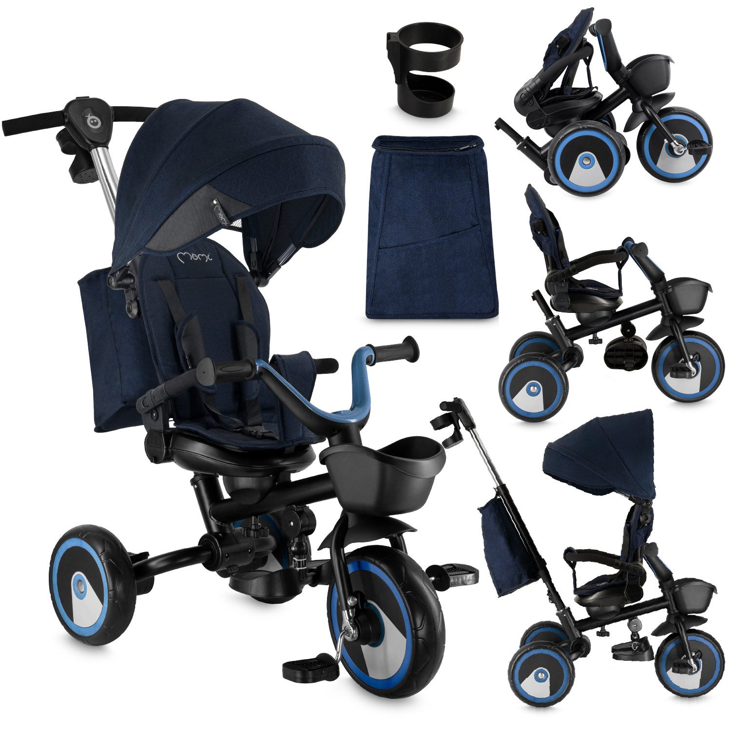 MoMi Dreirad-Kinderwagen Ivi, 360° drehbarer Sitz & höhenverstellbare Schiebestange