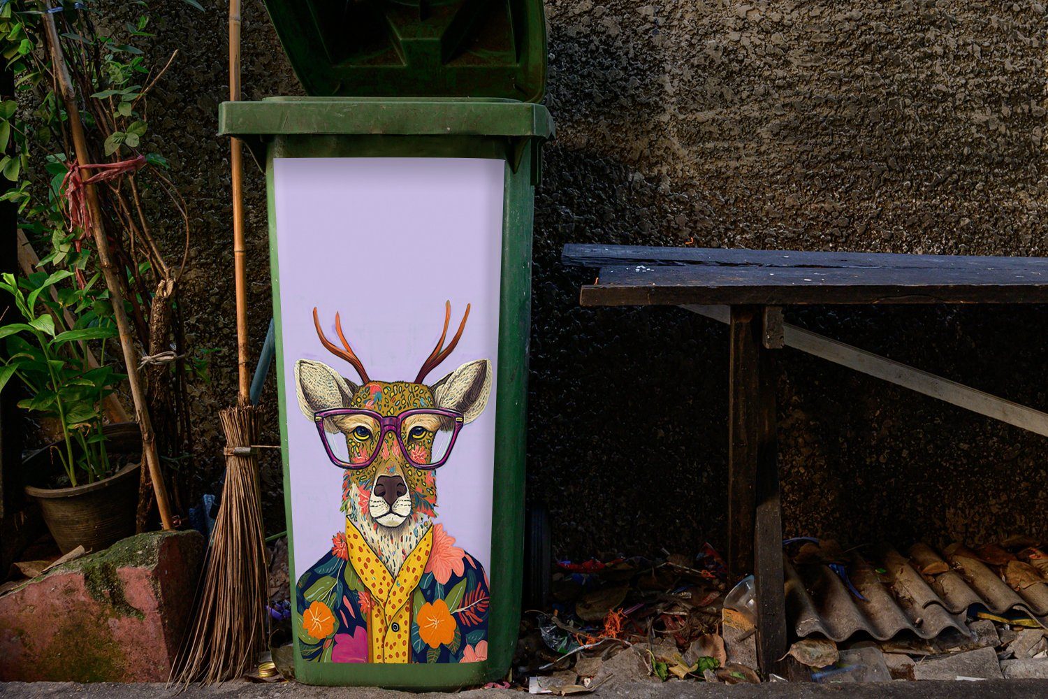 Tiere Blumen MuchoWow Mülleimer-aufkleber, Hippie - - Sticker, St), Mülltonne, Abfalbehälter Wandsticker - (1 Hirsche Container,