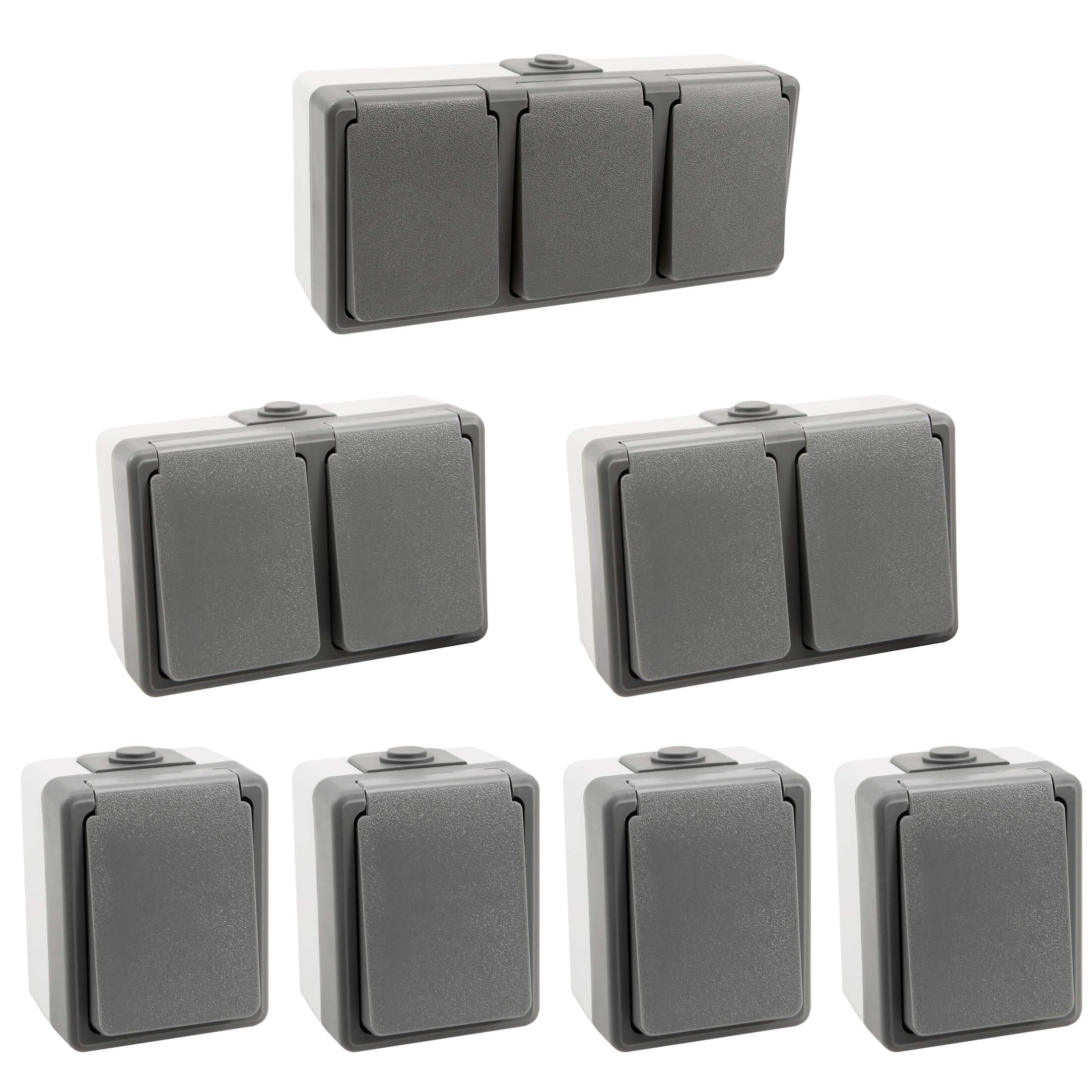 ETT Marketing GmbH Aufputz-Steckdose Secure Feuchtraum Steckdosen Set 7tlg. IP44 horizontal 1-fach 2-fach, 7-St.