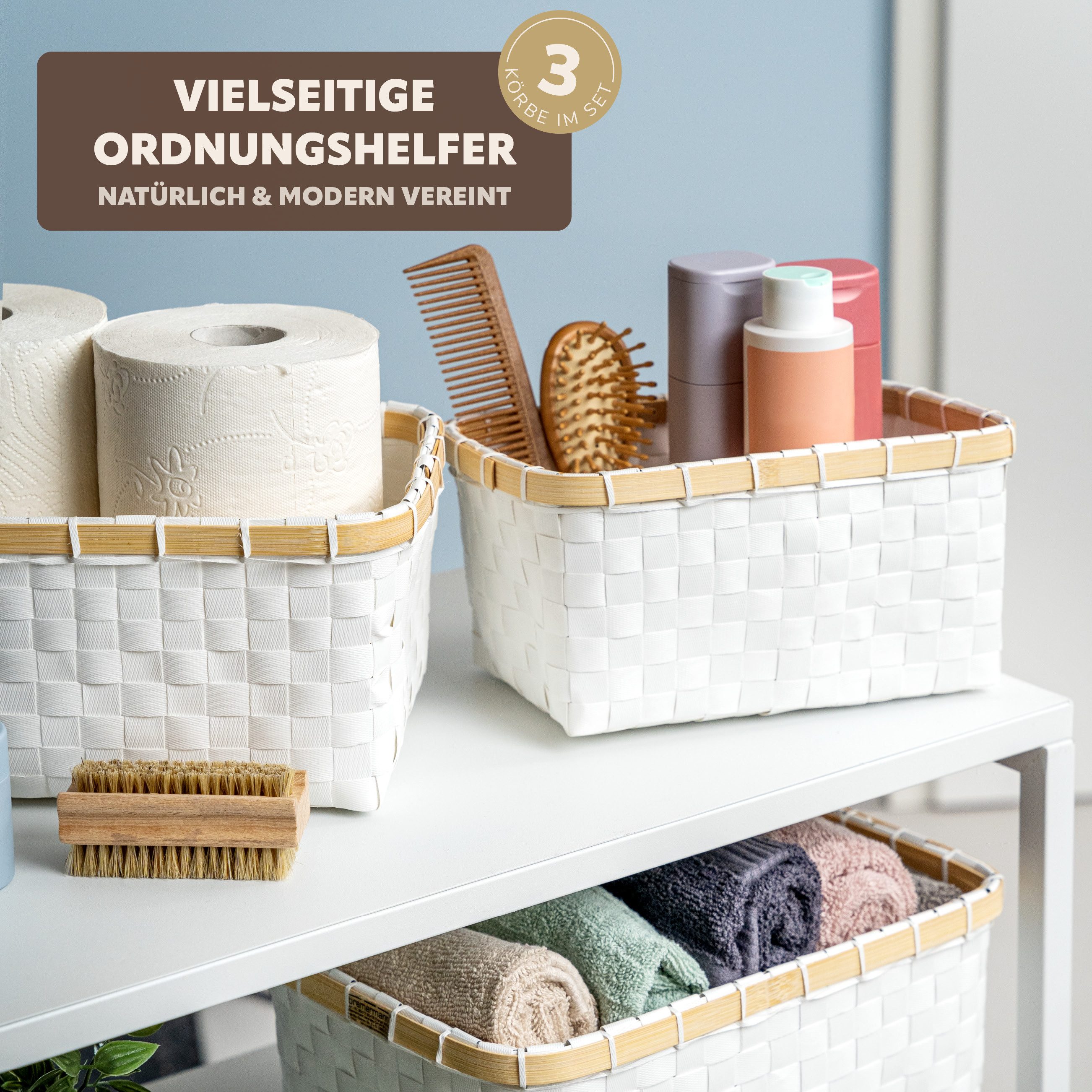 bremermann Aufbewahrungskorb Aufbewahrungskörbe 3er Set, Bambus/PP-Streifen, 25,5 + 28 + 31 cm (3 St., 3 verschiedene Größen)