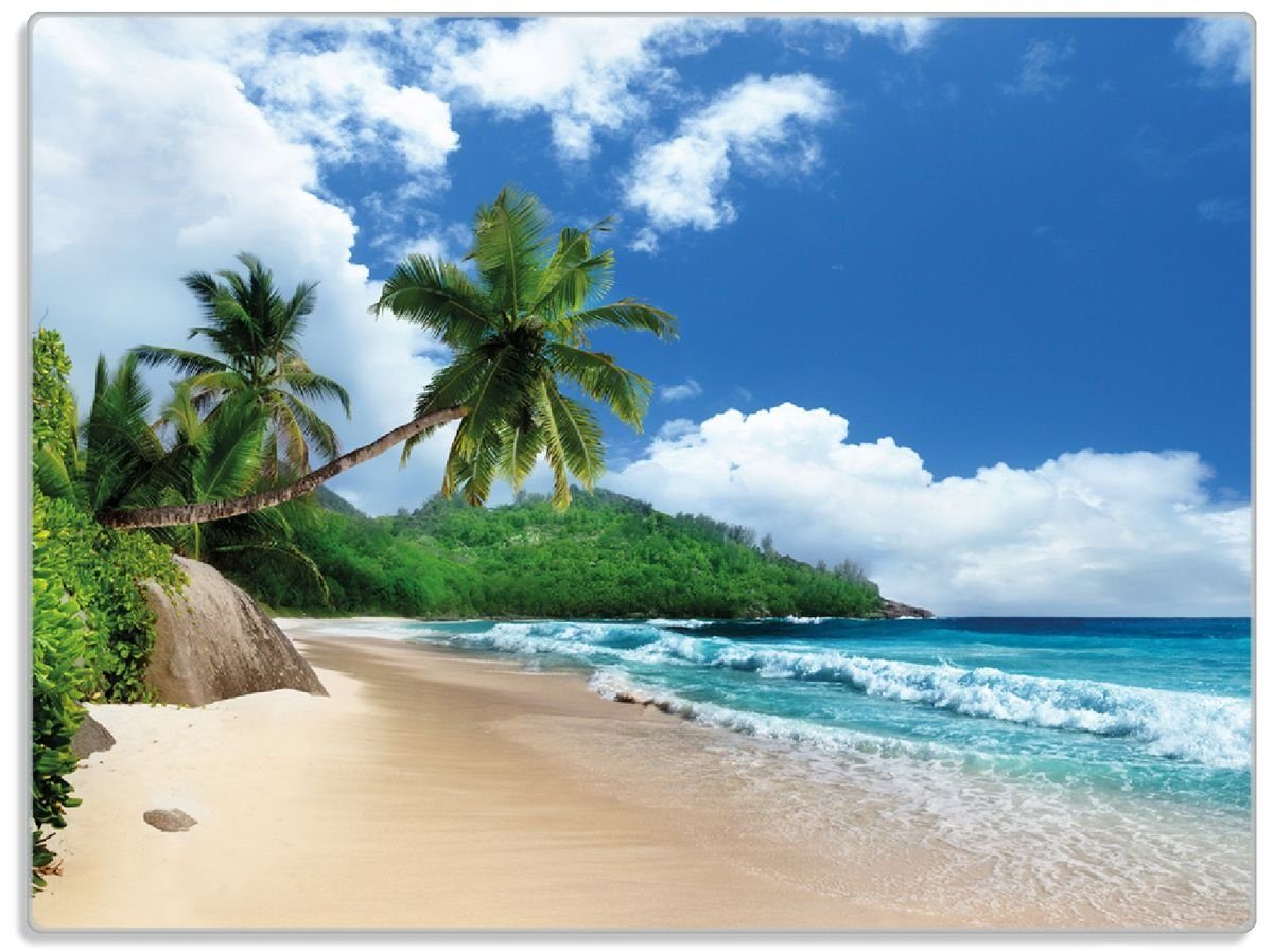 Wallario Schneidebrett Urlaub auf den Seychellen unter Palmen am Sandstrand, ESG-Sicherheitsglas, (inkl. rutschfester Gummifüße 4mm, 1-St), 30x40cm