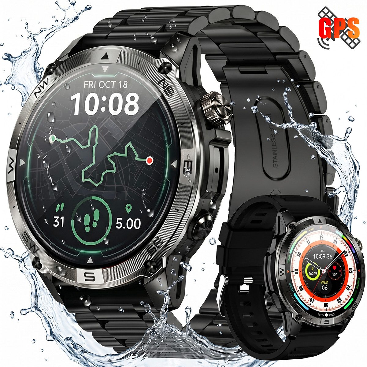 Vashoy Smartwatch Herren Damen mit GPS, 1,43" AMOLED für den Outdoor-Einsatz Smartwatch (390mm cm/1.43 Zoll, Android4.4/ISO1.0) Spar-Set, 3-tlg., IP68 wasserdicht, 160+ Sportmodi, Herzfrequenz, Schlaf&Schrittzähler,Outdoor Sportuhr für Android/iOS