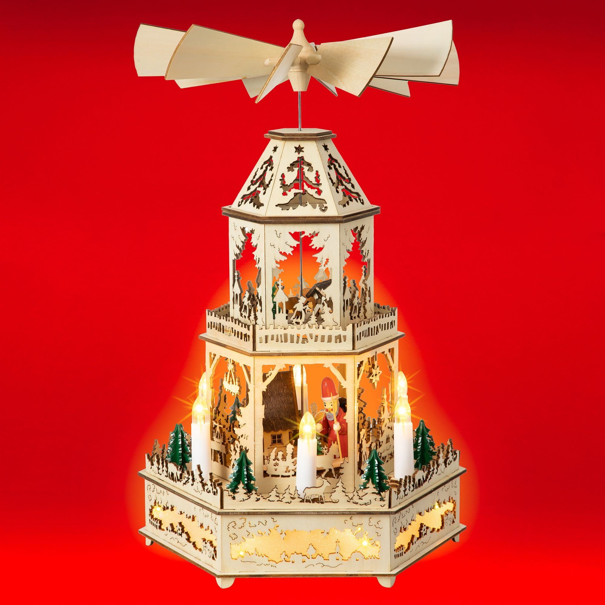 SIKORA Weihnachtspyramide P36 WINTERLANDSCHAFT ca.44cm XL mit H: elektrischer Motor aus Holz und Beleuchtung
