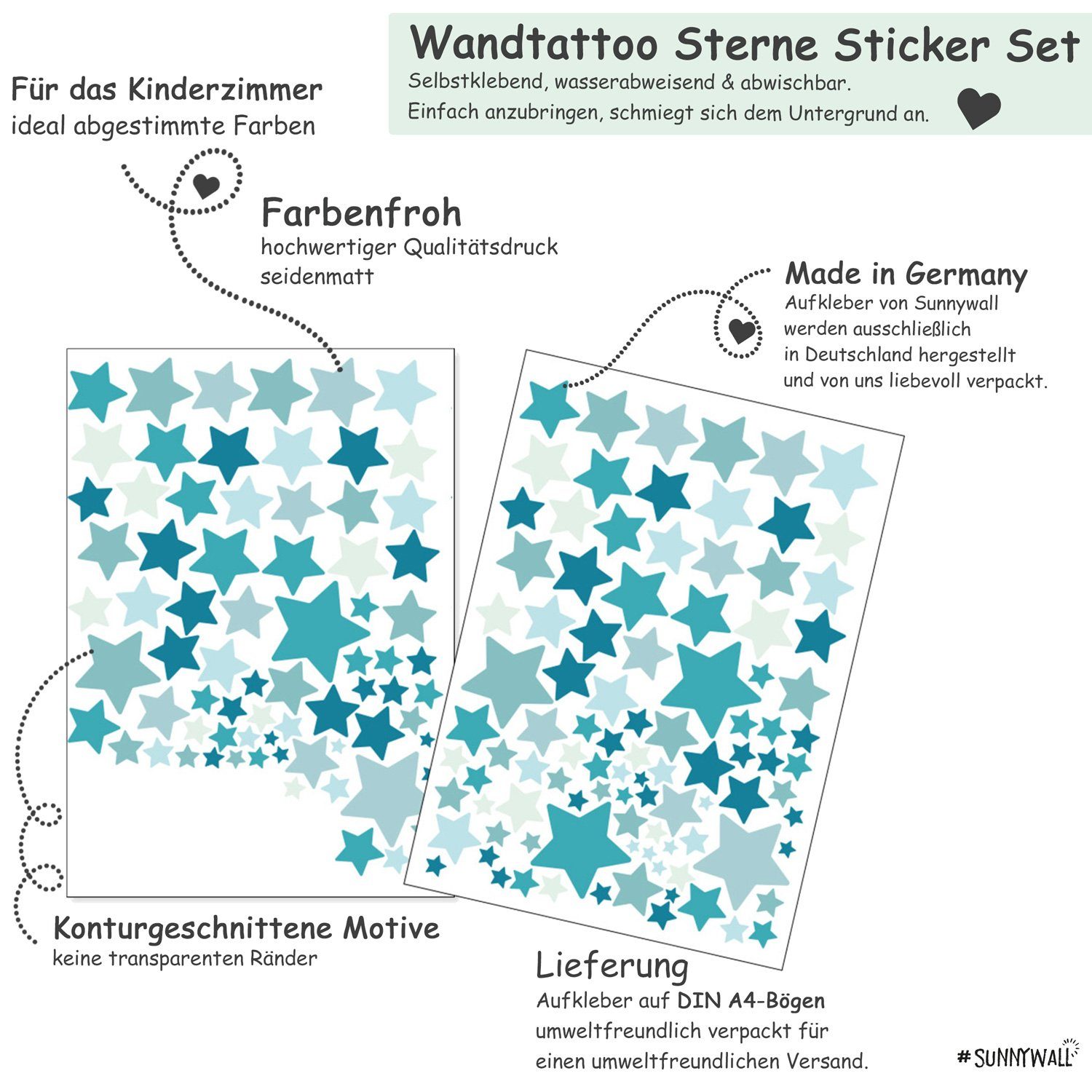 Sunnywall Wandtattoo Sterne Aufkleber Stars Wandsticker bunt, Sternenhimmel Wandtattoo, konturgeschnitten