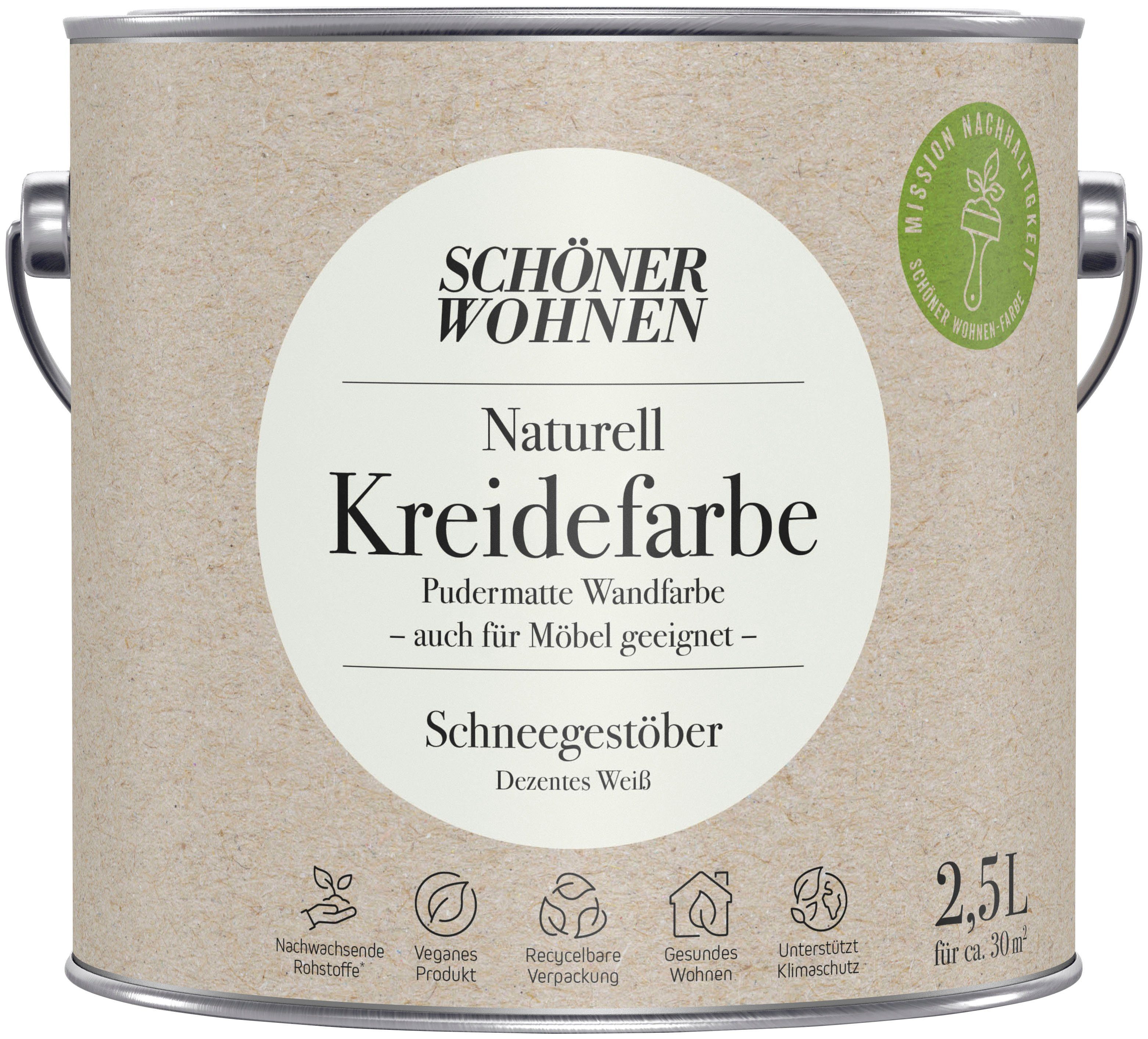 SCHÖNER WOHNEN FARBE Wand- und Deckenfarbe Naturell Kreidefarbe, 2,5 Liter, pudermatt, auch für Möbel geeignet, German Brand Award 2023