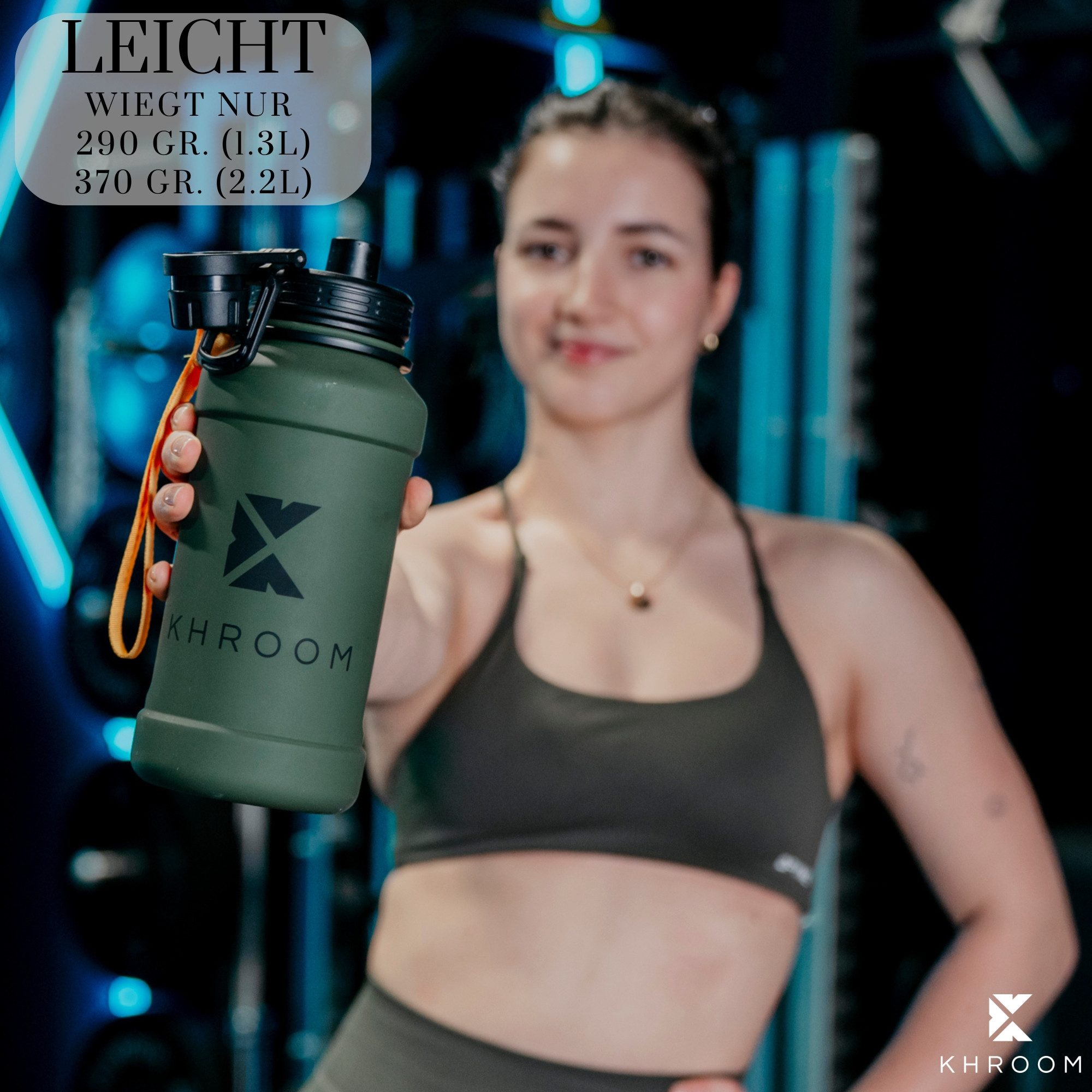 Khroom Trinkflasche Edelstahl 1,3L & 2,2L, Sport Gym Outdoor, 2 Liter XXL Wasserflasche, BPA-frei, auslaufsicher, bruchsicher, Kohlensäure geeignet