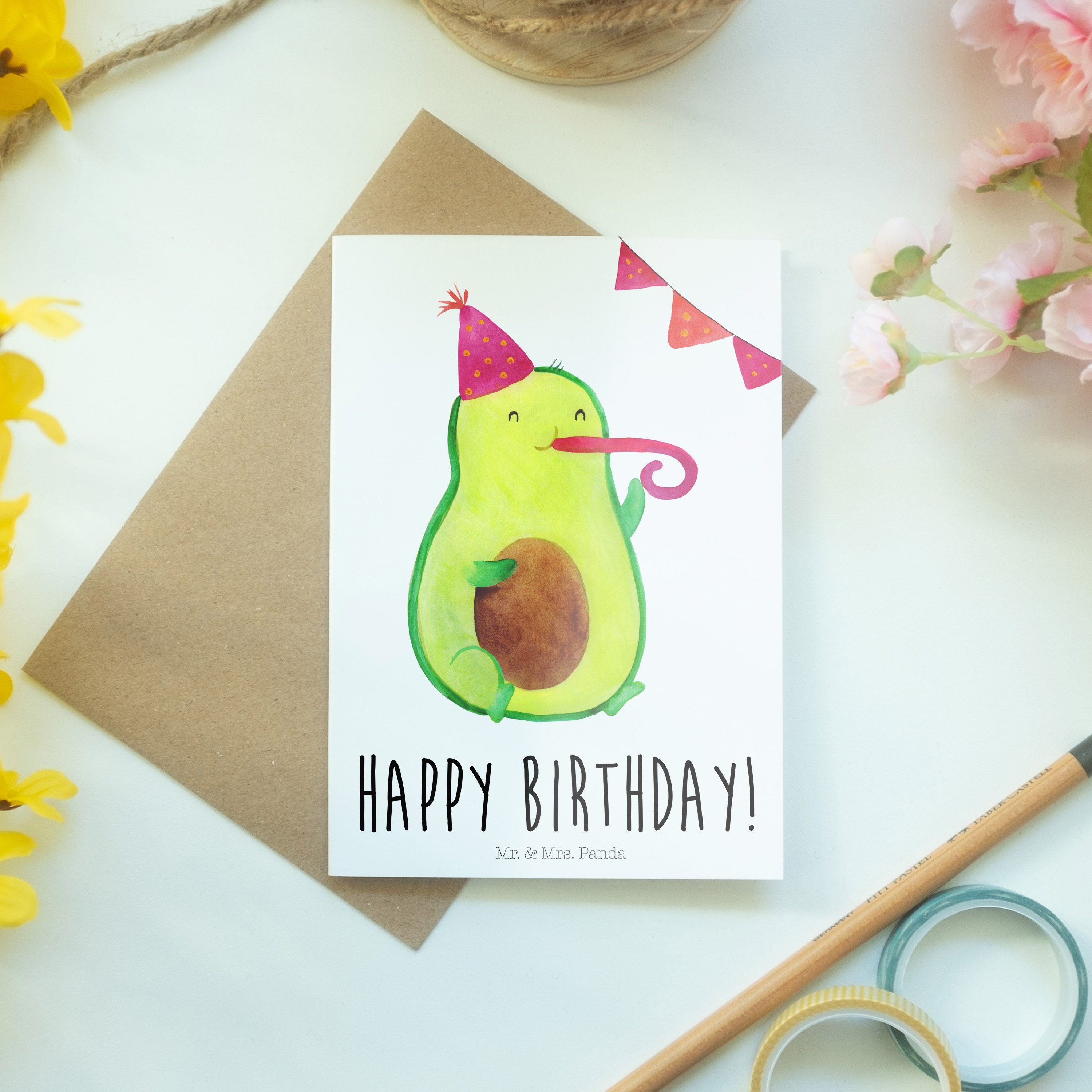 Geschenk, Klappkarte, Weiß Mrs. Überraschung, Mr. Panda - - & Birthday Avocado Einladu Grußkarte