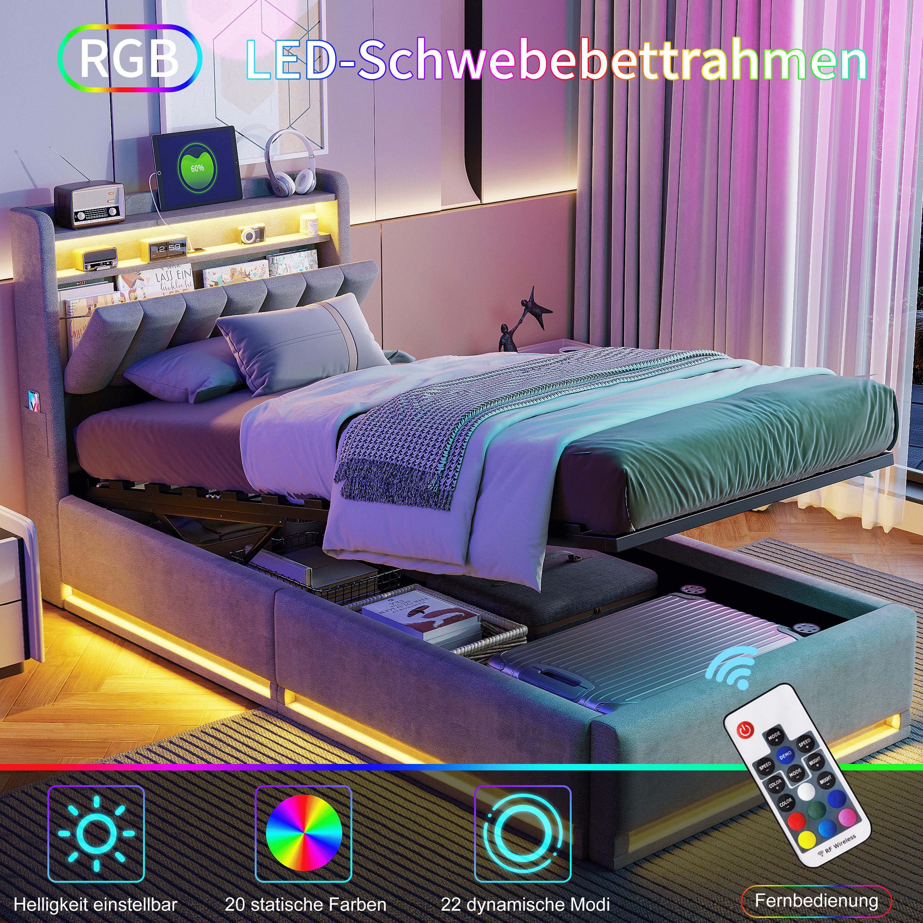 Simurq Stauraumbett Einzel‑Bettkasten 90x200, gepolstert aus Samt, mit Stauraum, LED, USB – Bild 5 von 5
