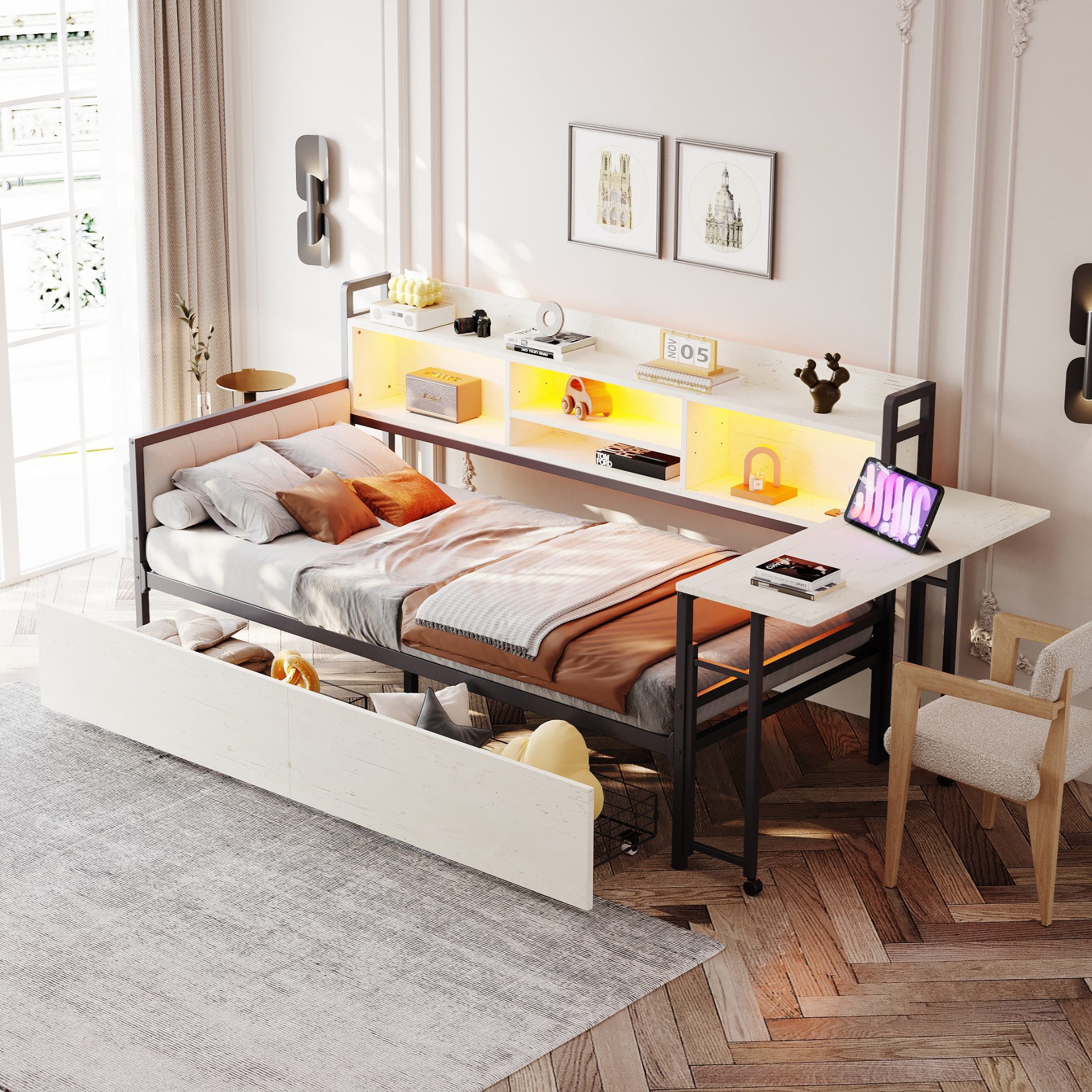 Flieks Daybett, Metallbett Kinderbett 90x200cm mit LED Aufladen Schubladen günstig online kaufen