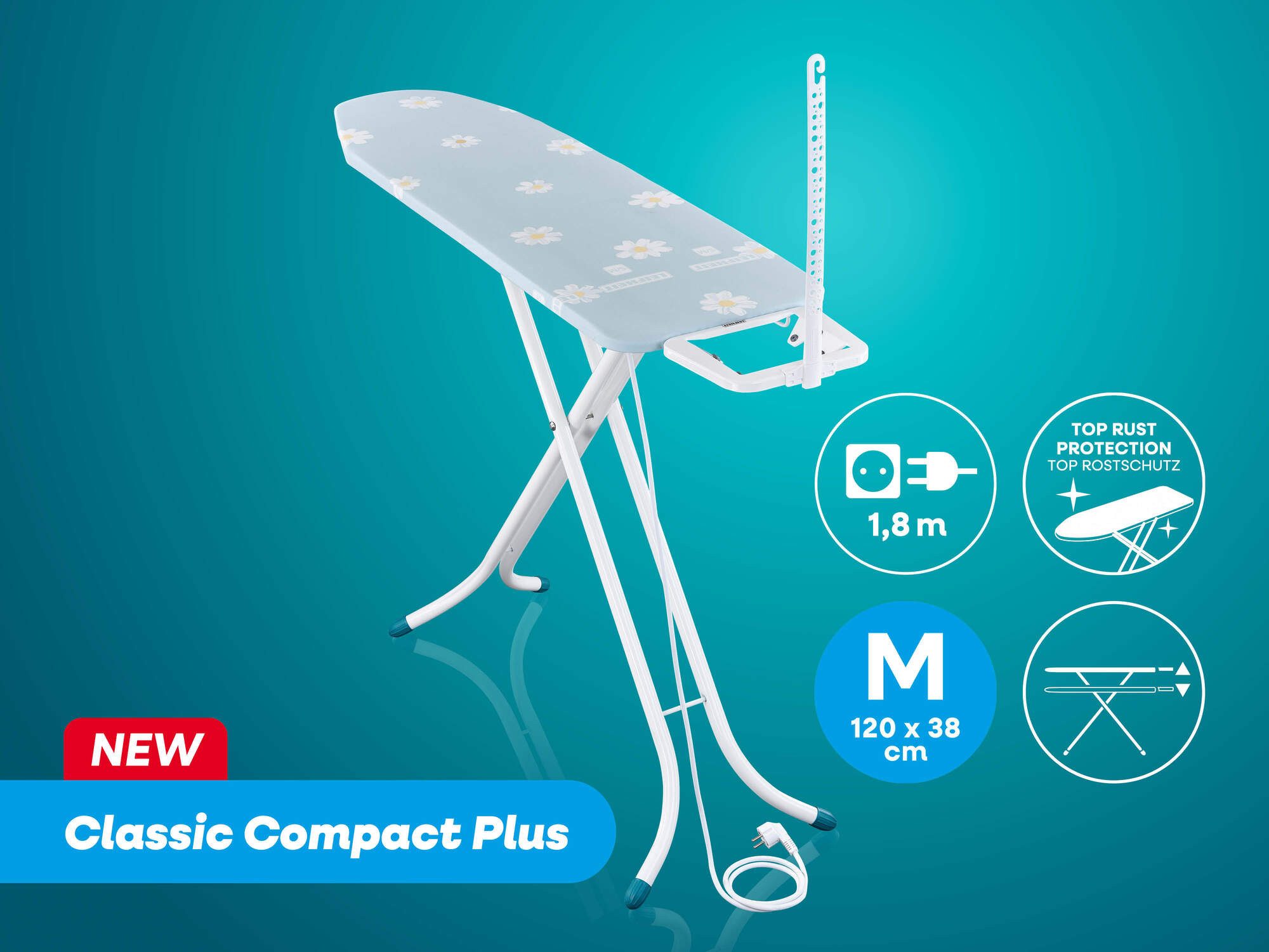 Leifheit Bügelbrett Bügeltisch Classic M Compact Plus, Bügelfläche 38.0x120.0 cm, Höhenverstellbar, Bügelfläche 120 x 38 cm, feste Bügeleisenablage