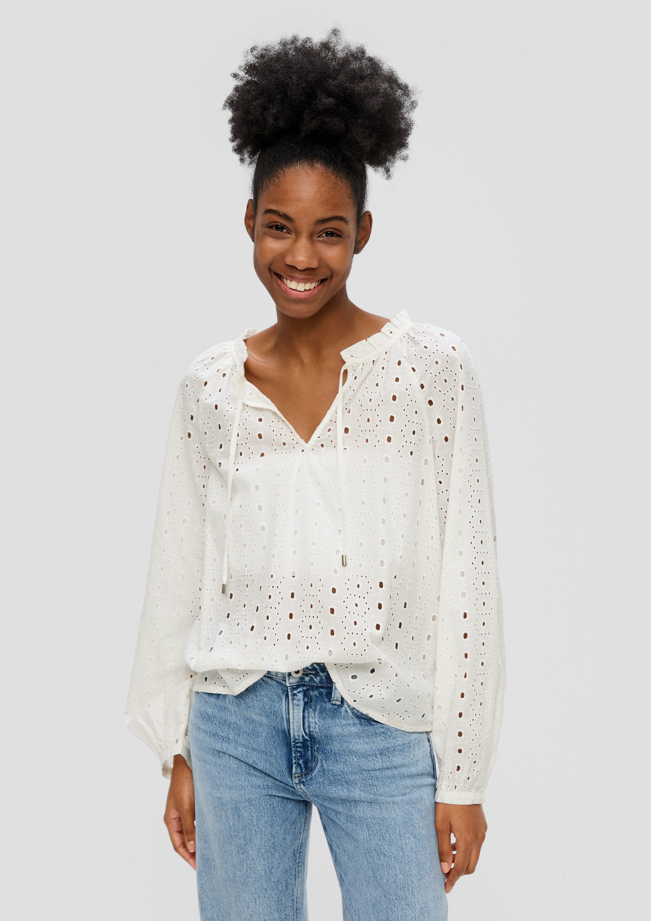 QS Langarmbluse Bluse Locker geschnittene Bluse mit Lochstickerei günstig online kaufen