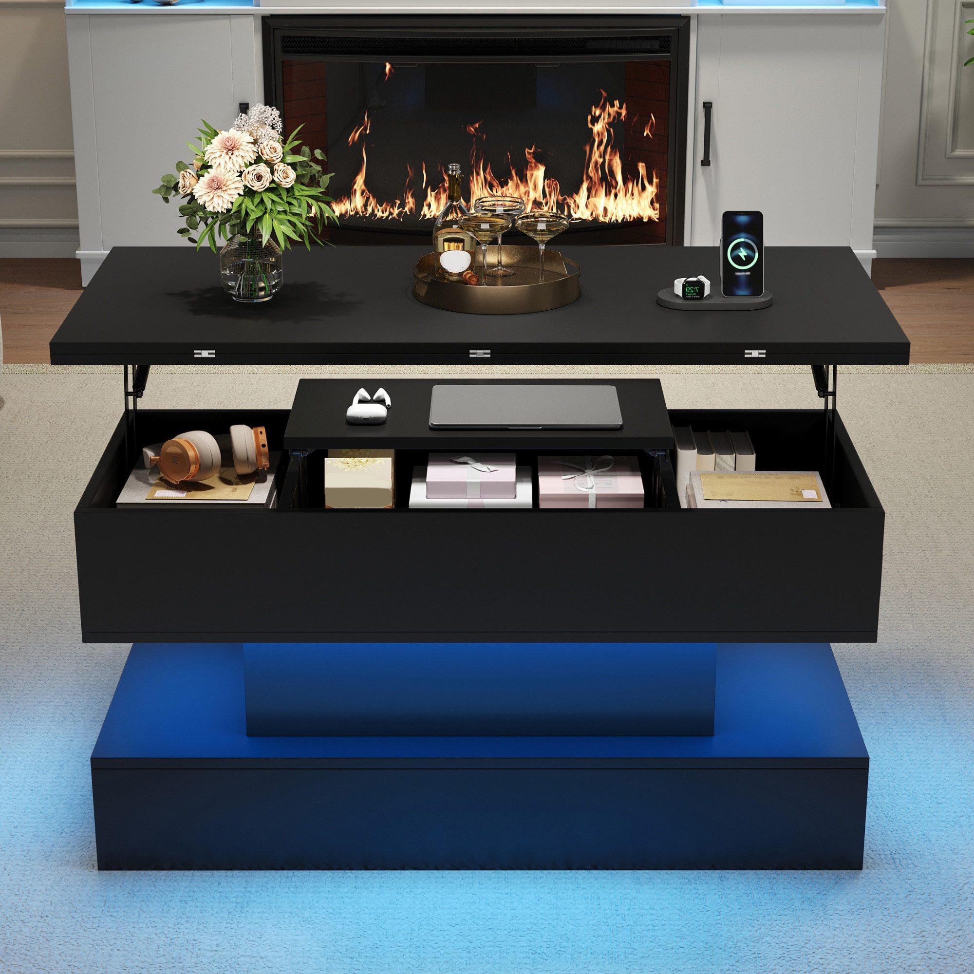 Merax Couchtisch Sofatisch Beistelltisch mit LED-Beleuchtung & USB/USB-C & Steckdose (1-St), Wohnzimmertisch höhenverstellbar & ausklappbar, 100x50x51,5cm