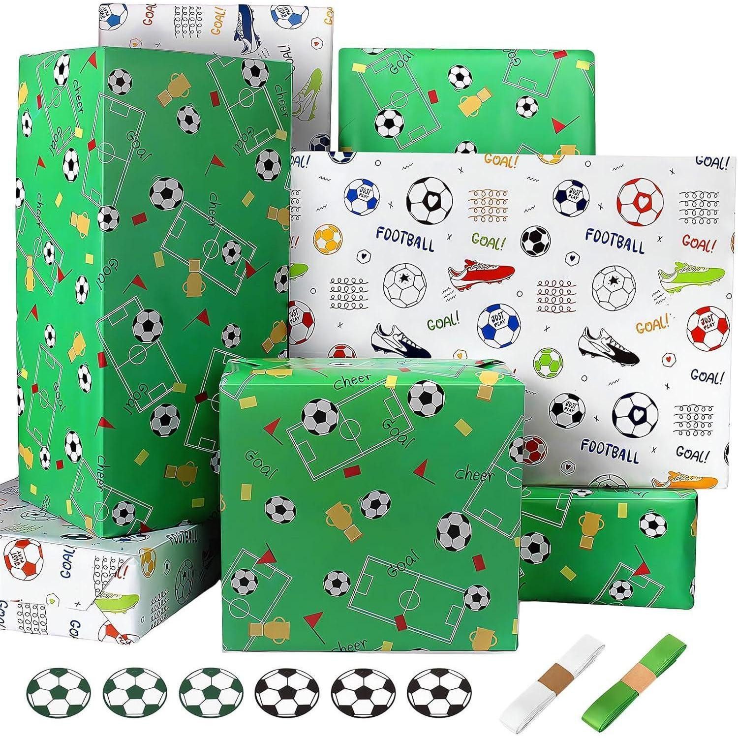 LuxusKollektion Geschenkpapier Geschenkpapier Set Fußball Geburtstag Sport Grün Fußballfeld Trophäe 6, (1St)