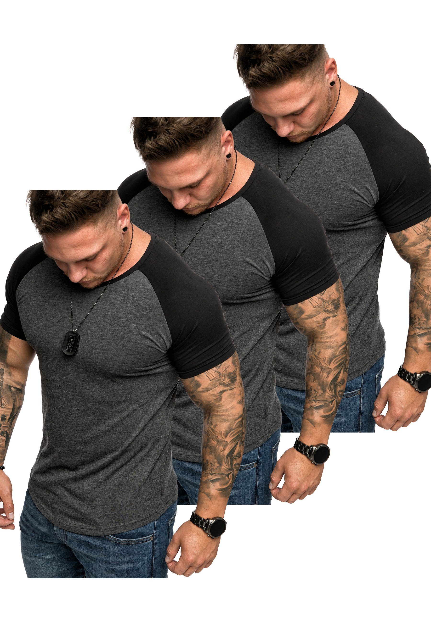 3. (3x Herren OMAHA T-Shirt Basic 3er-Pack Oversize Anthrazit/Schwarz) T-Shirt Raglan (3er-Pack) Kontrast T-Shirts Amaci&Sons
