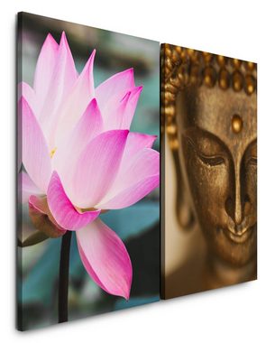 Sinus Art Leinwandbild 2 Bilder je 60x90cm Lotus Buddhakopf Bronze Statue Asien Achtsamkeit Meditation Beruhigend