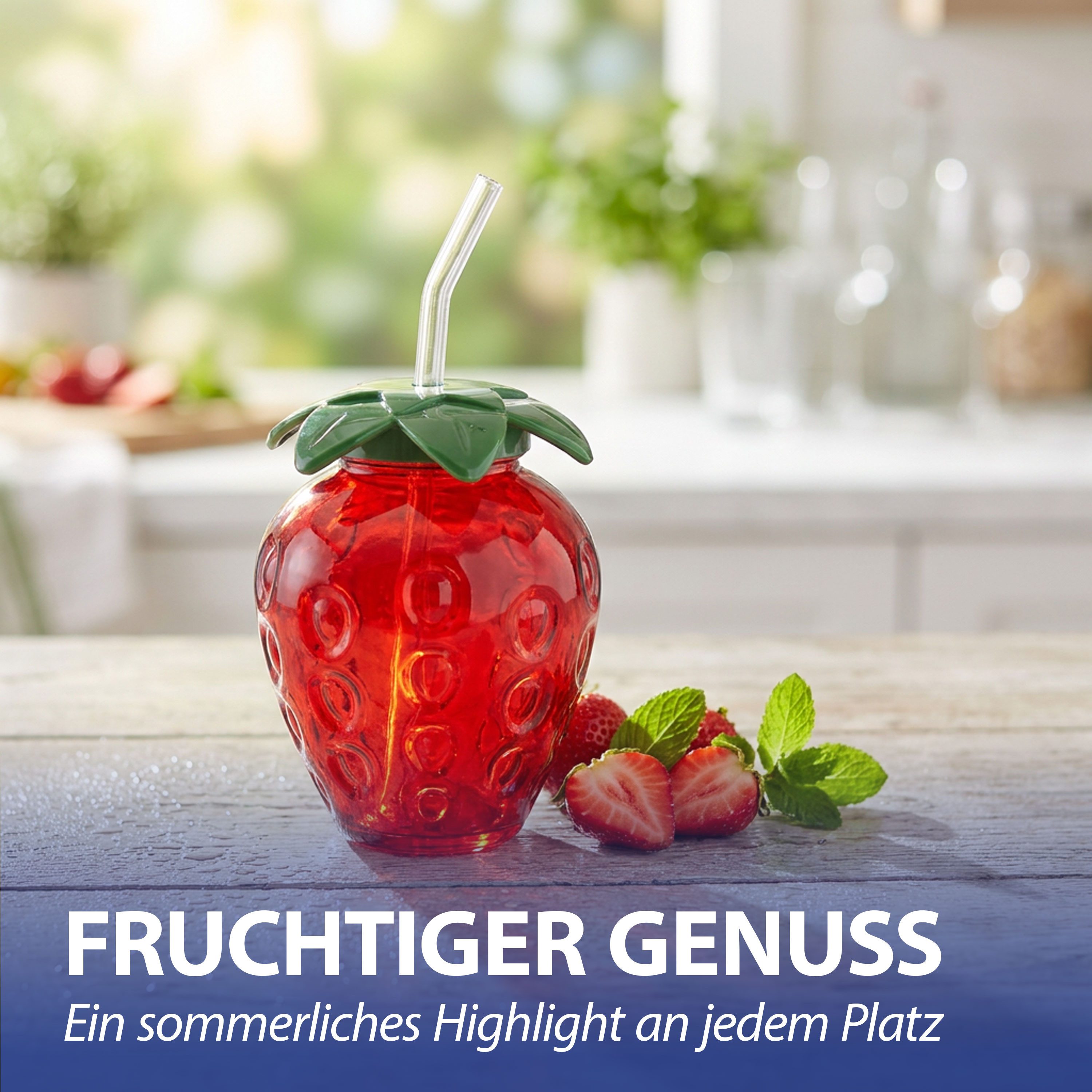 CEPEWA Deko-Glas Trinkglas Strawberry 6er Set Glastrinkhalm PS 450ml 9,5x13cm rot grün – Bild 4 von 5