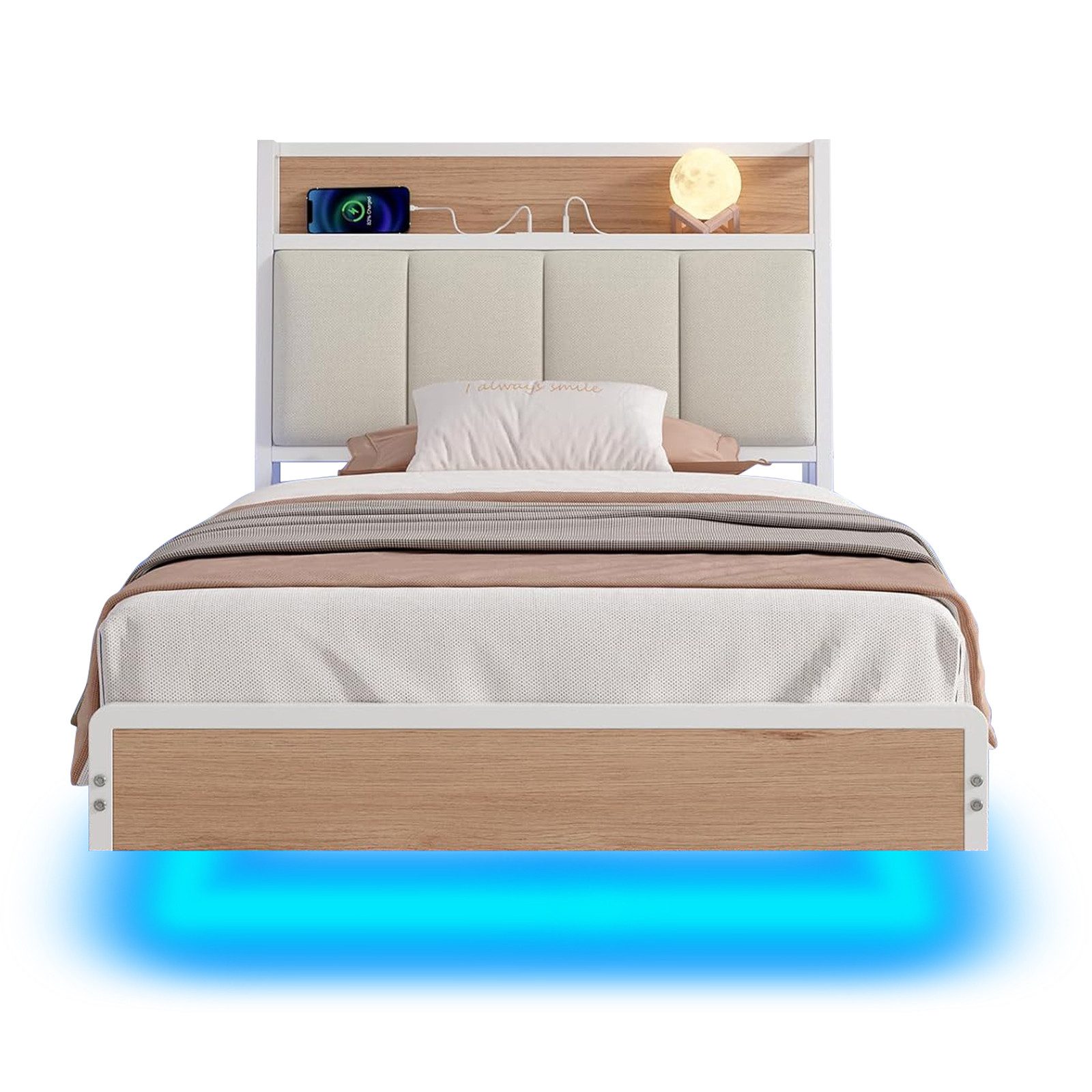 KIMENICH Polsterbett mit USB Ladefunktion und LED-Beleuchtung, Schwebender visueller Effekt (1-tlg., Ohne Matratze), Jugendbett Bettgestell 90x200cm