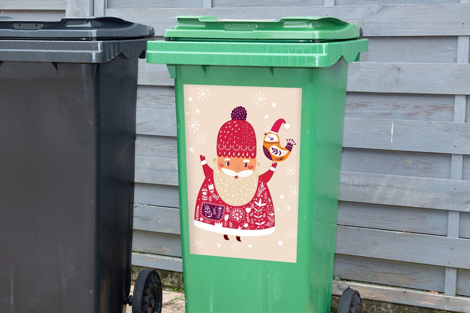 Mülltonne, Container, (1 Mülleimer-aufkleber, - - MuchoWow Wandsticker Winter Vogel Sticker, - St), Schnee Weihnachtsmann Abfalbehälter Weihnachten -