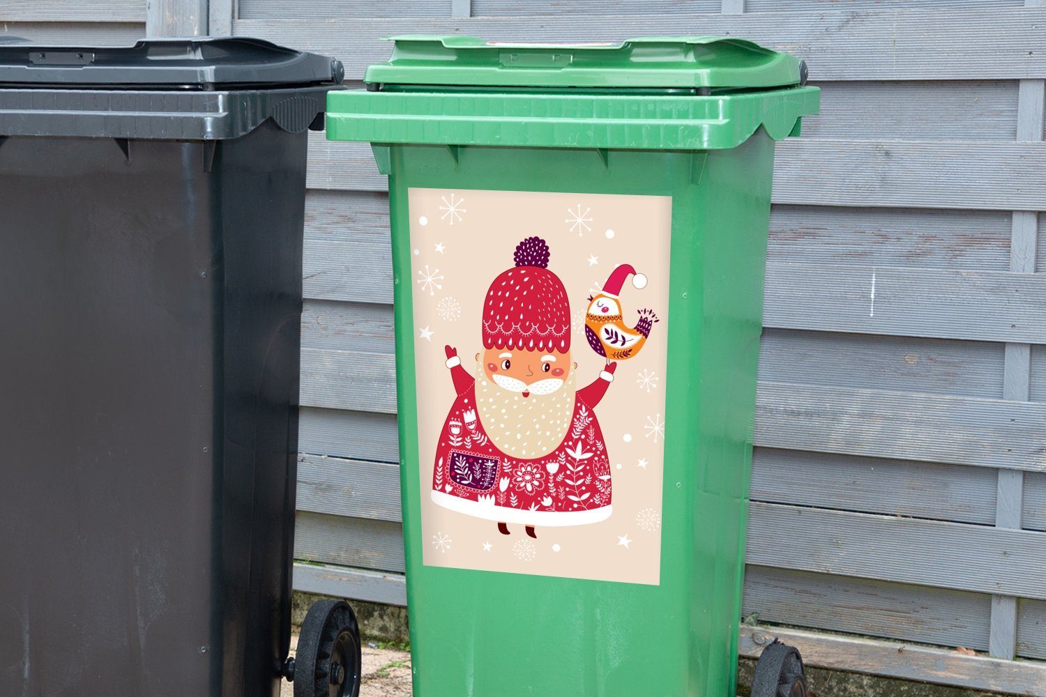 Mülltonne, Sticker, Weihnachtsmann - Abfalbehälter - Weihnachten MuchoWow Container, Vogel - Schnee St), Wandsticker (1 Mülleimer-aufkleber, - Winter