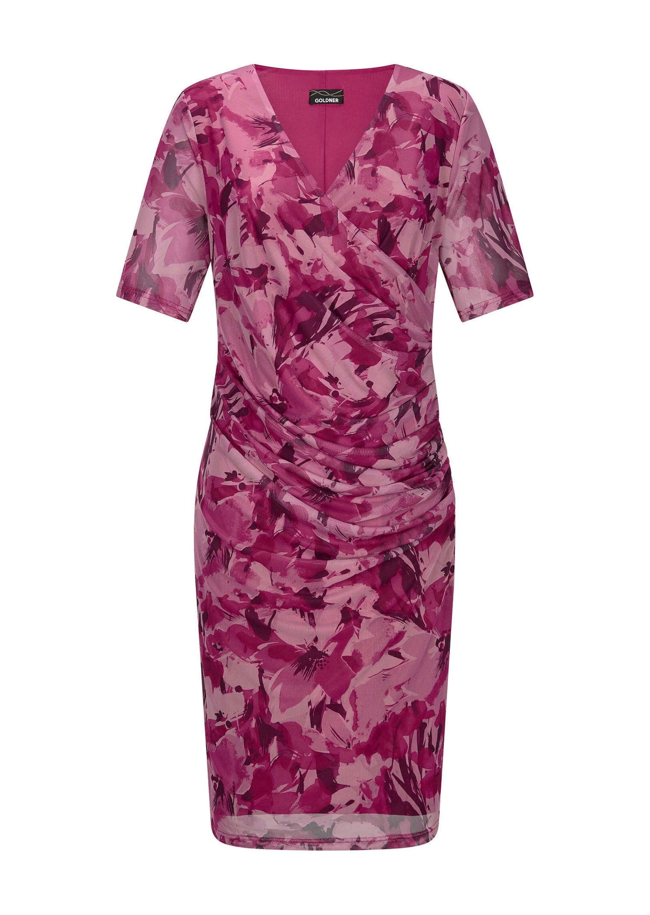 GOLDNER Abendkleid Kurzgröße: Wickelkleid mit Blumenmuster Stretchkleid mit V-Ausschnitt, Faltenwurf, Knielänge und Halbarm