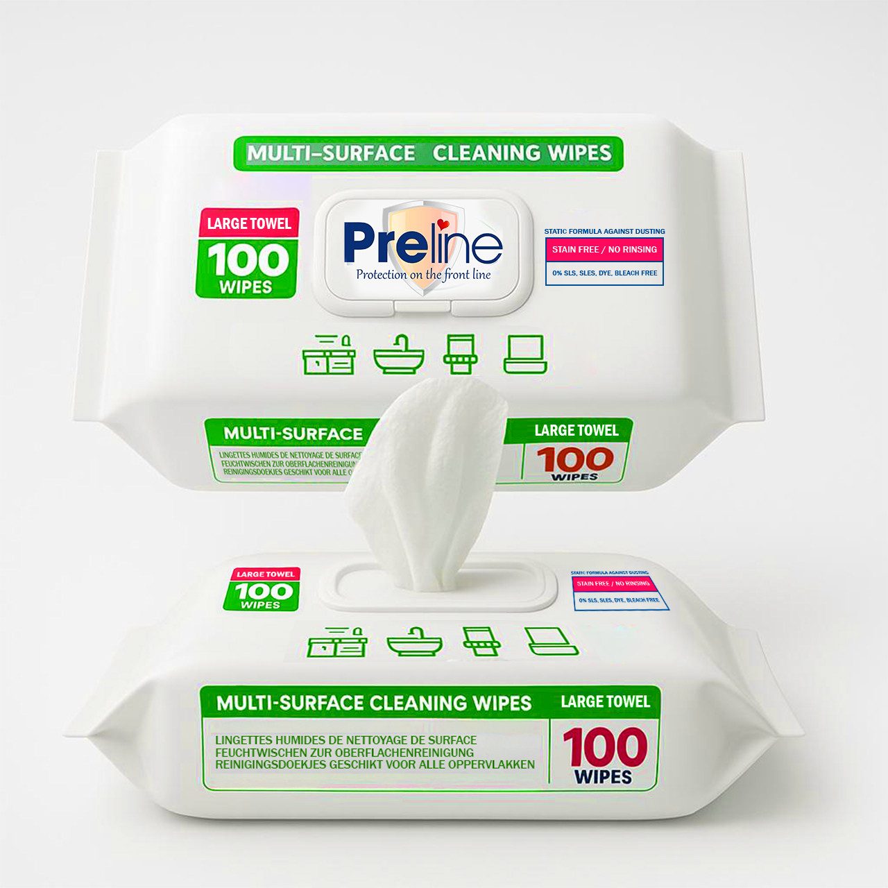Preline Multi-Surface Oberflächenreinigungstücher, Allzwecktücher, Reinigungstücher (1-tlg., SLS/SLES/Bleichmittel-frei, Für Küche Bad Elektronik Fenster 100Stück)