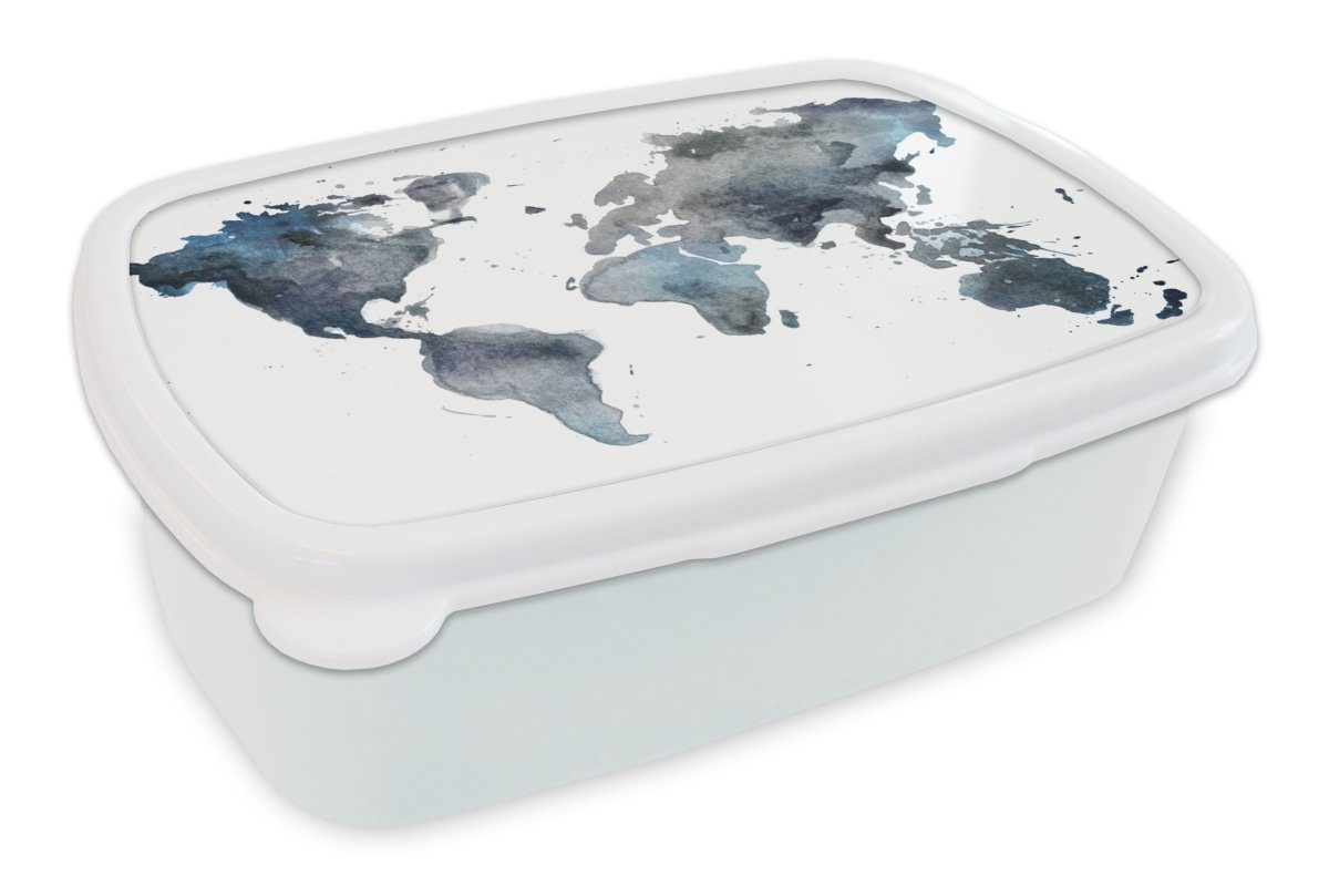 MuchoWow Lunchbox Weltkarte - Aquarell - Abstrakt, Kunststoff, (2-tlg), Brotbox für Kinder und Erwachsene, Brotdose, für Jungs und Mädchen weiß