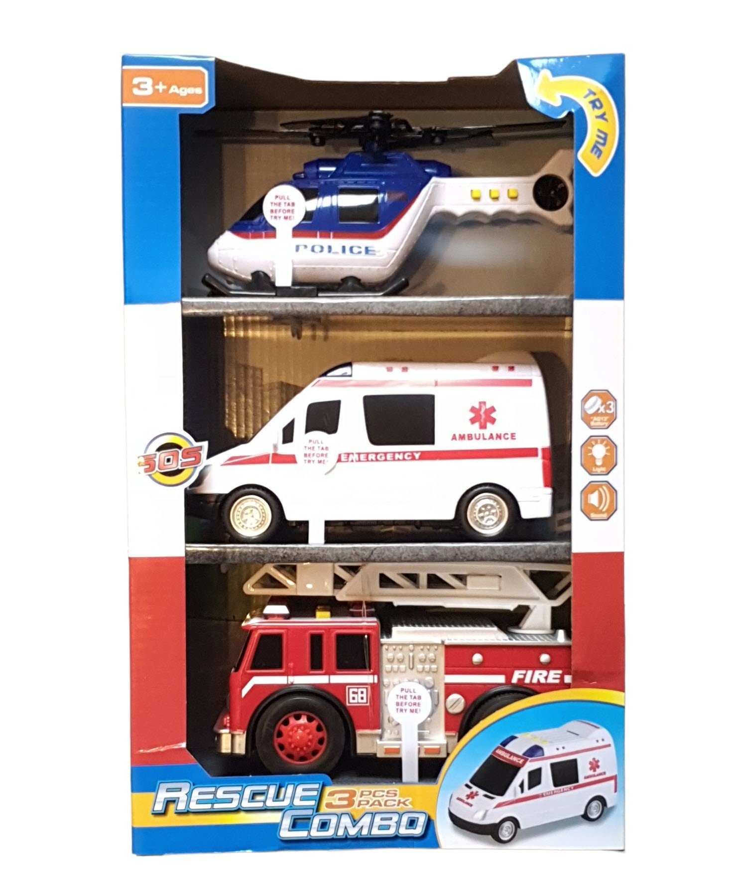 Spectrum Spielzeug-Feuerwehr Einsatzfahrzeuge Feuerwehrauto Krankenwagen  Polizeihubschrauber, (Set, 3-tlg)