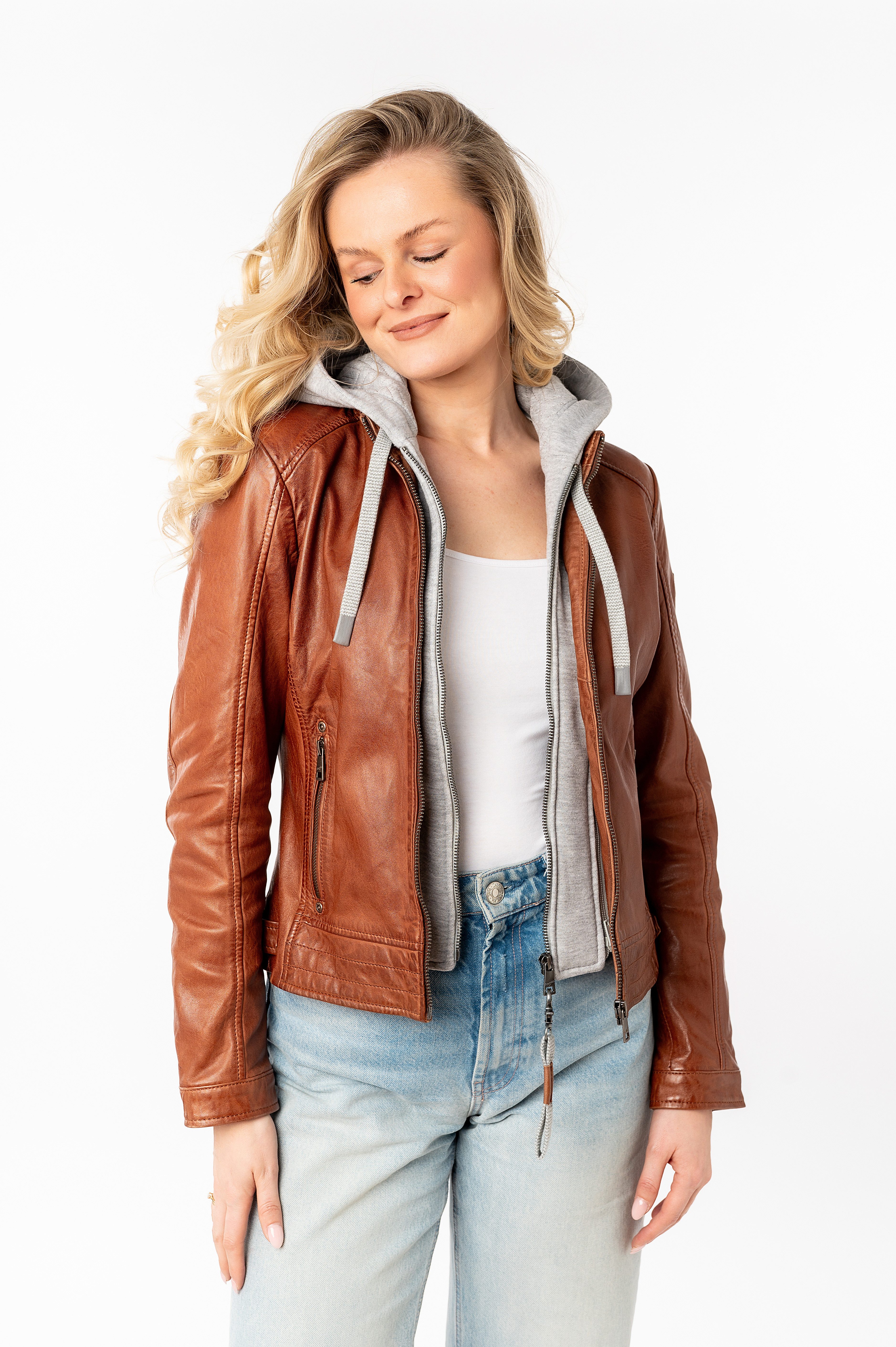 Mauritius Lederjacke MWAleni mit Jerseykapuze und Stehkragen günstig online kaufen