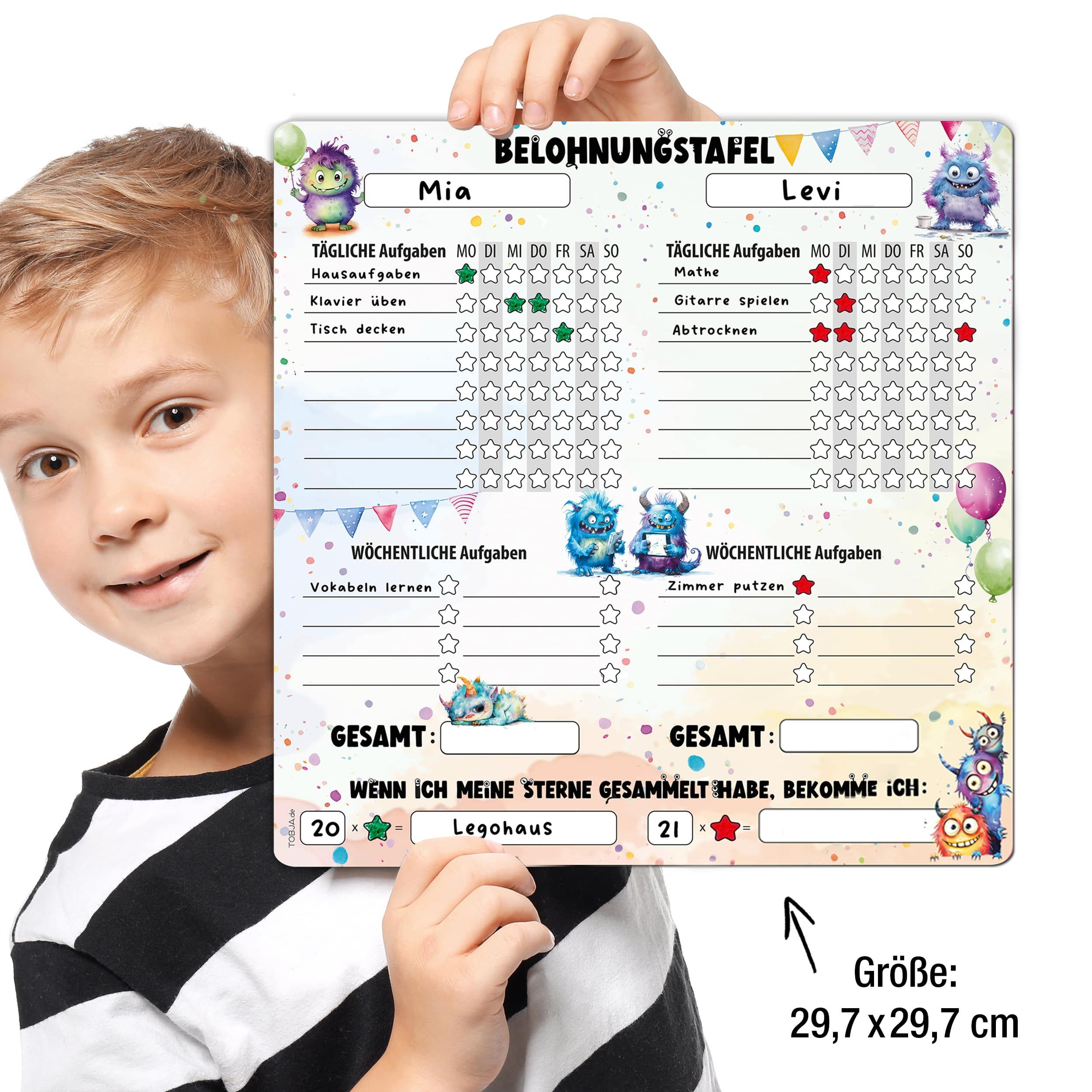 TOBJA Magnettafel Magnetische Belohnungstafel XL 2 Kinder Monster 4Stifte, Routine Planer Kinder 30x30 cm, abwischbar – Bild 3 von 5