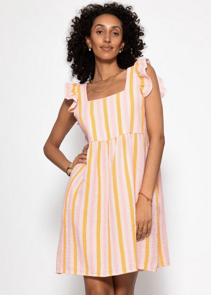 SASSYCLASSY Minikleid Gestreiftes Musselinkleid Damen Kleid aus Musselin im Streifenmuster mit Rüschenärmel