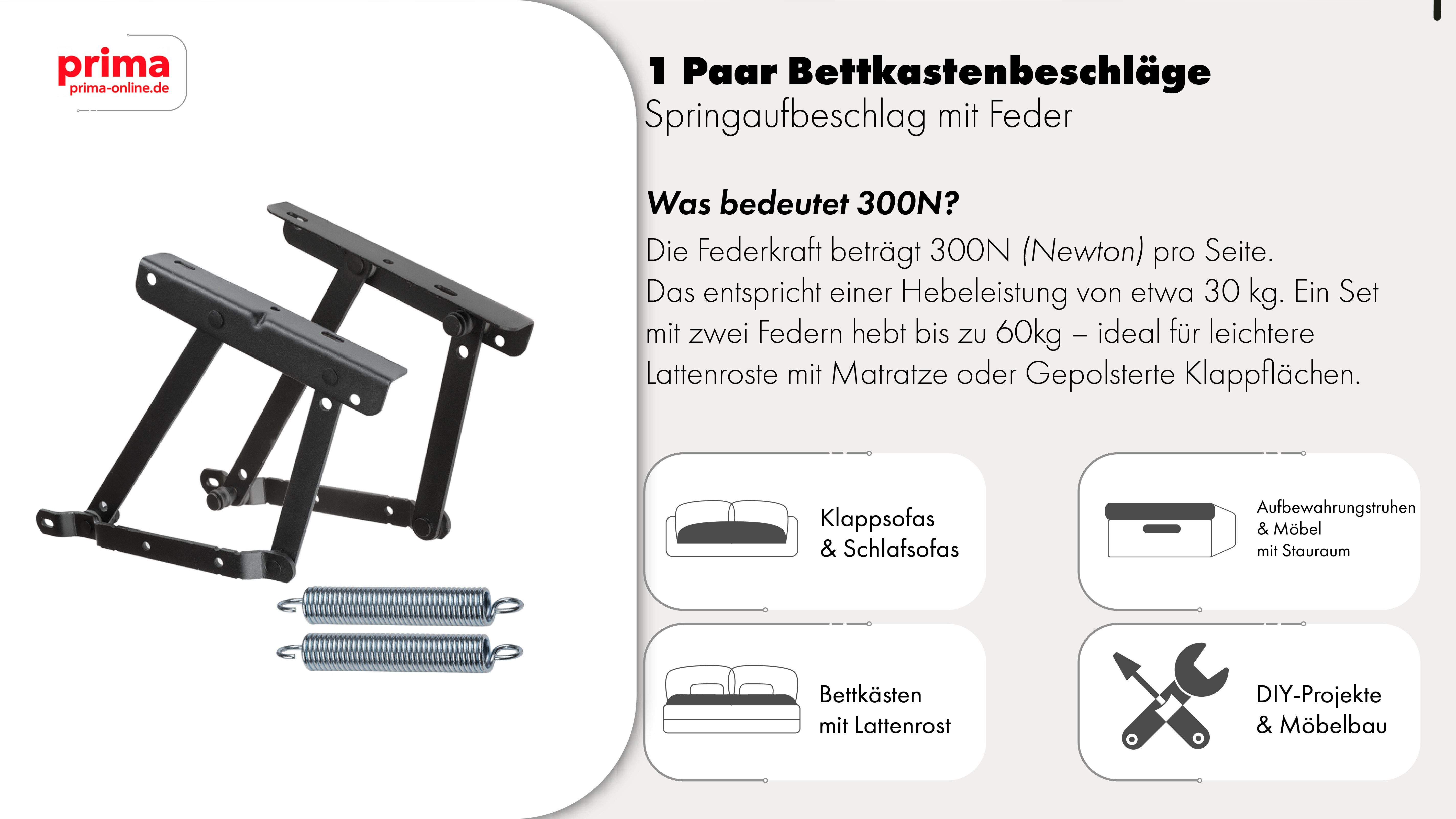 Prima-Online Möbelbeschlag Set klein Bettkastenbeschläge Springaufbeschlag Feder Bettscharnier – Bild 5 von 5