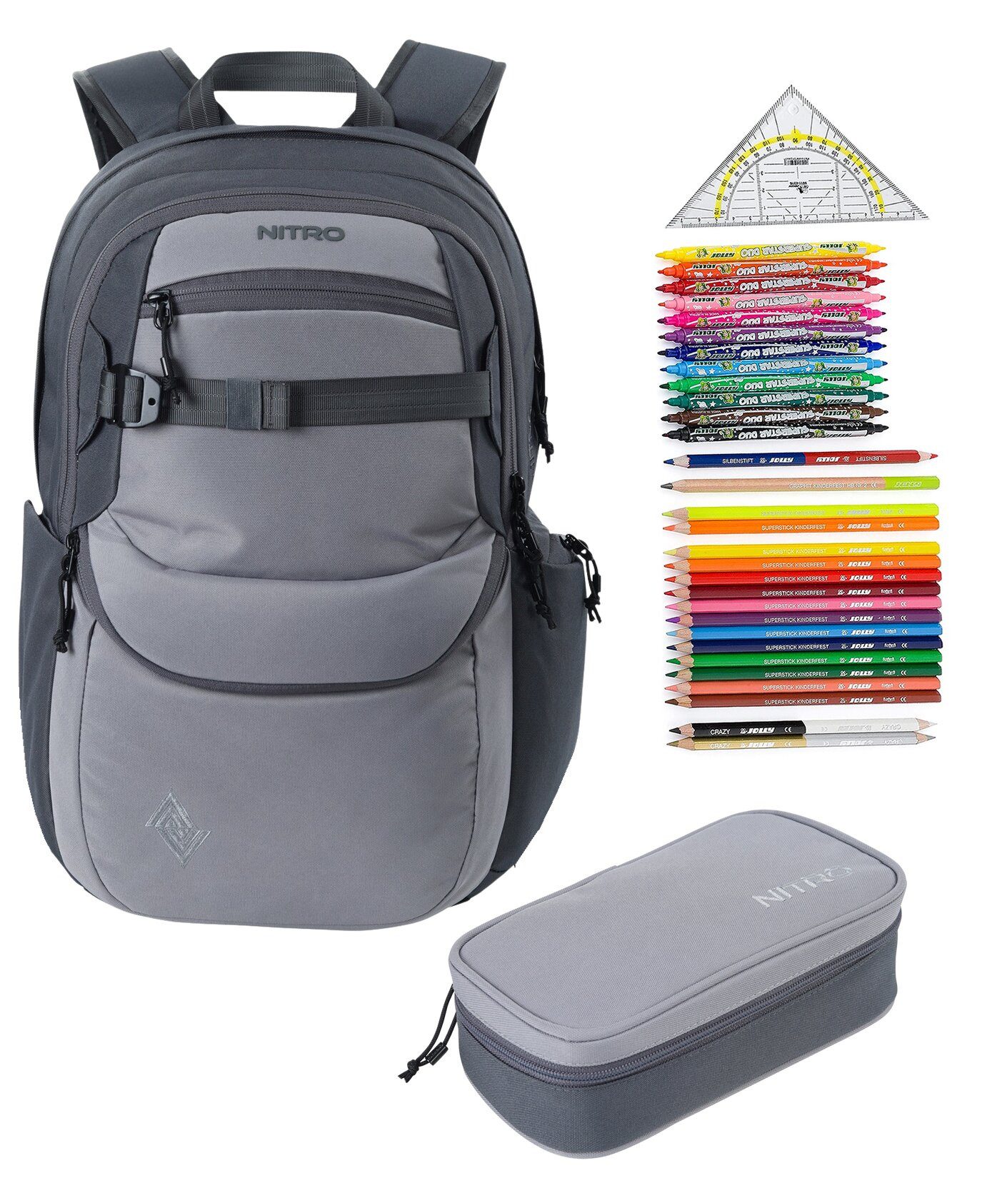 NITRO Schulrucksack NITRO Schulrucksack Jungen Mädchen Future Hero Rucksack (3 Teile Set, inkl. Mäppchen Box, inkl. Mäppchen Füllung 31 Teile), Schulmappe Laptopfach 2 Hauptfächer Daypack Auswahl rmv