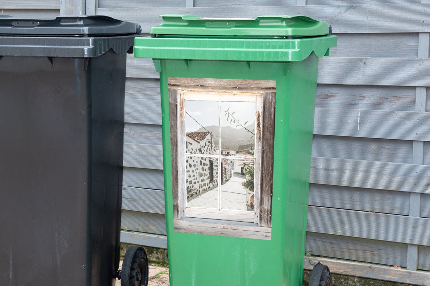 Holz Abfalbehälter St), Durchsichtig Wandsticker - Mülleimer-aufkleber, Container, (1 - Sticker, Griechenland Mülltonne, MuchoWow