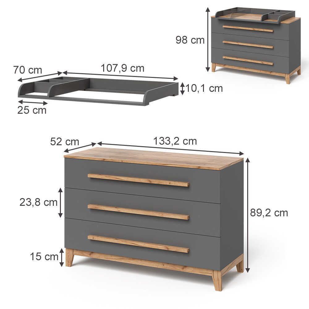 VitaliSpa® Wickelkommode Malia, Grau/Artisan/Artisan, 133.2 x 98 cm mit 3 Schubladen