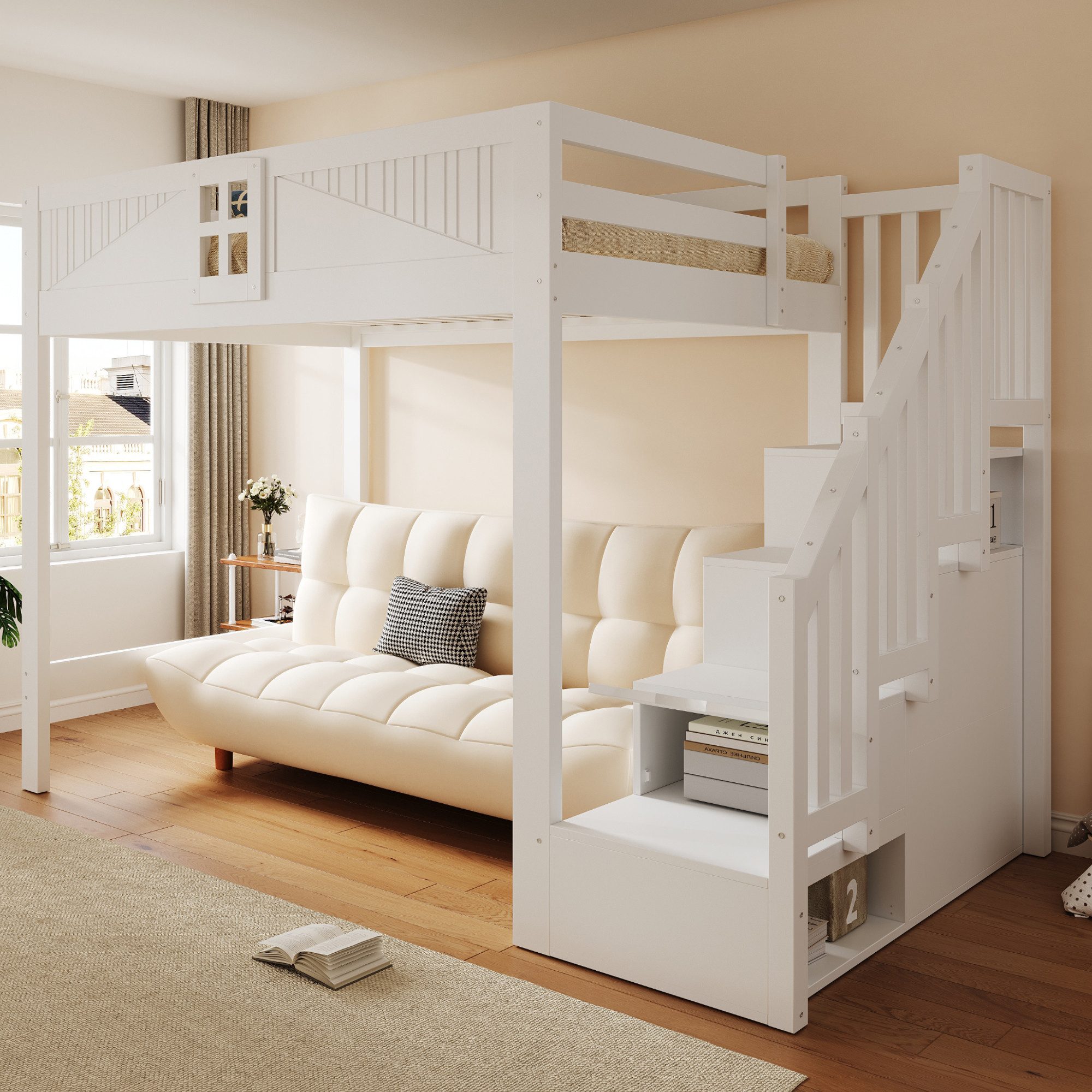 Flieks Hochbett Kinderbett 140x200cm mit Stauraumtreppe (Links & Rechts Austauschbar)