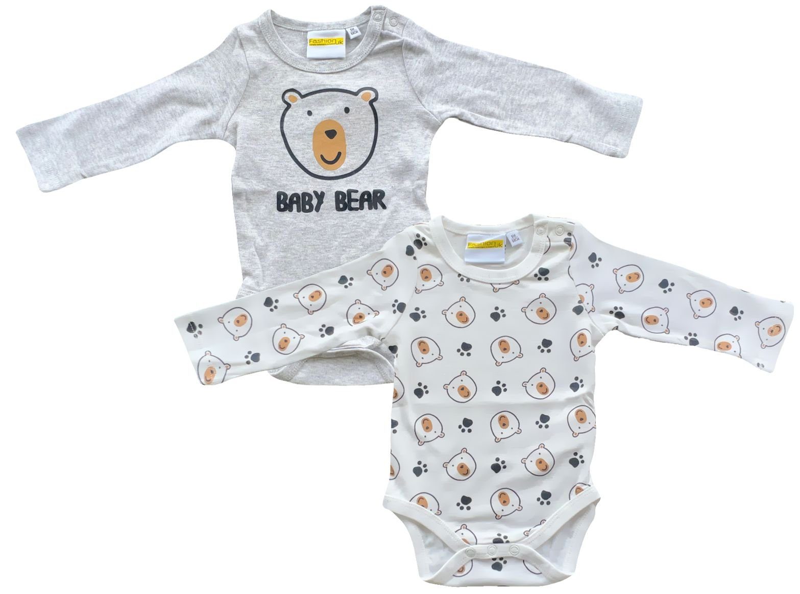 Fashion UK Strampler 2x Baby Body Doppelpack BEAR weiß + hellgrau 3 6 12 18 24 Monate
