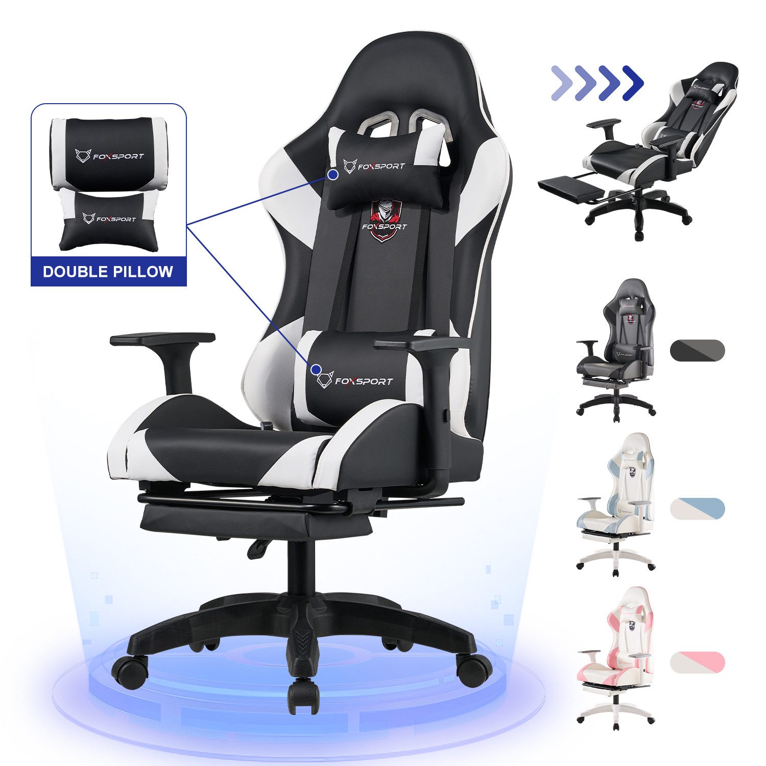 FOXSPORT Gaming-Stuhl inkl. Rücken- & Nackenkissen, ergonomischer Bürostuhl (Computer Stuhl mit Racing-Design, Drehstuhl mit 3D-Armstützen und verstellbarer Fußstütze, 150° verstellbare Rückenlehne, 1 St), 360° drehbar, 10 cm Höhenverstellung, belastbar b