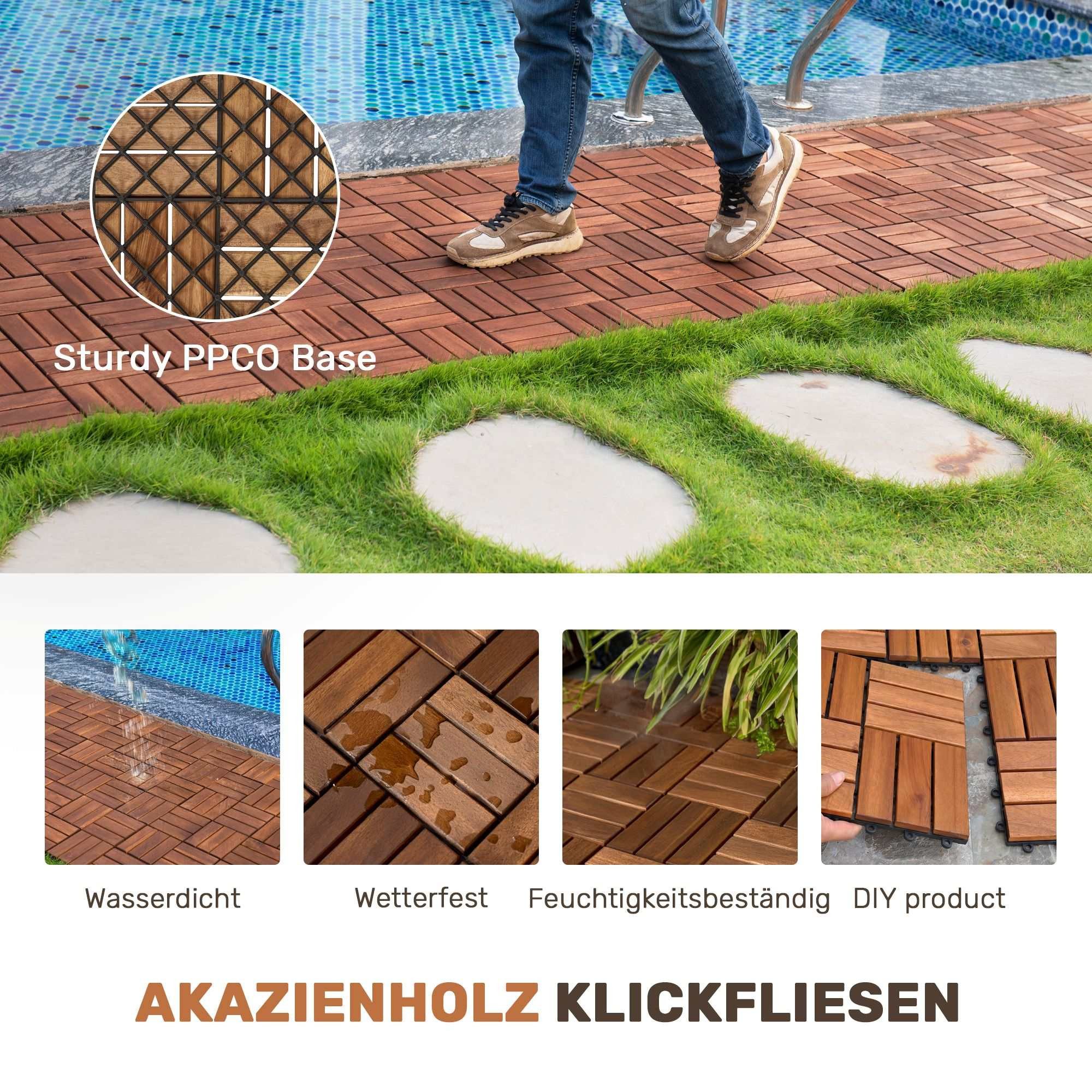 BBG Terrassendielen Akazienholz-Klickfliesen 30 × 30 cm im Schachbrettmuster, 0,99 m², BxL: je 30x30 cm, 20 mm Stärke, (11-St), Wetterfeste Holzfliesen mit Klicksystem