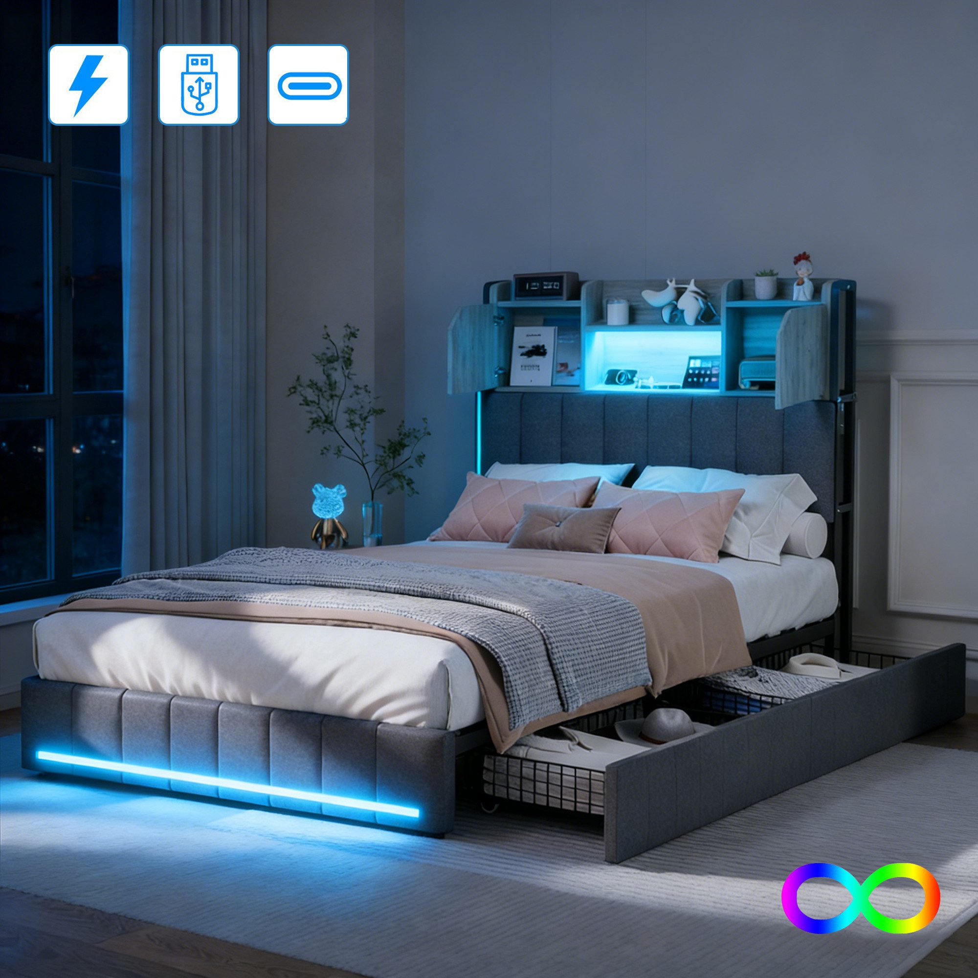 Gdood Polsterbett Stauraumbett Doppelbett LED, Leinenstoff (1-tlg., Zwei Buchsen Ladestation mit USB und Type-C), 90 x 200 cm, 2 Schubladen, in 4 Größen verfügbar