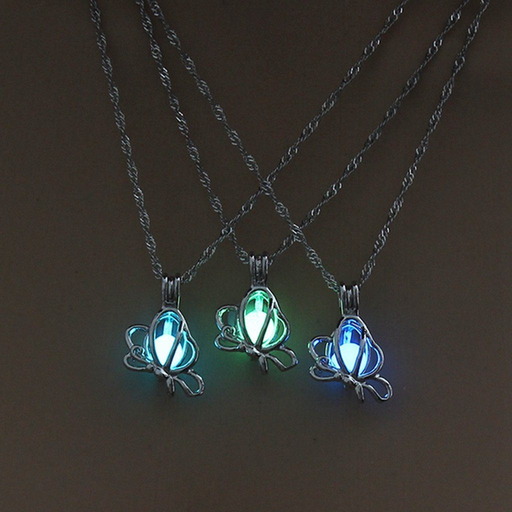 Schmetterling Charm-Kette für Frauen, Schmuckgeschenk WaKuKa Perlenkette BlauGrün leuchtende