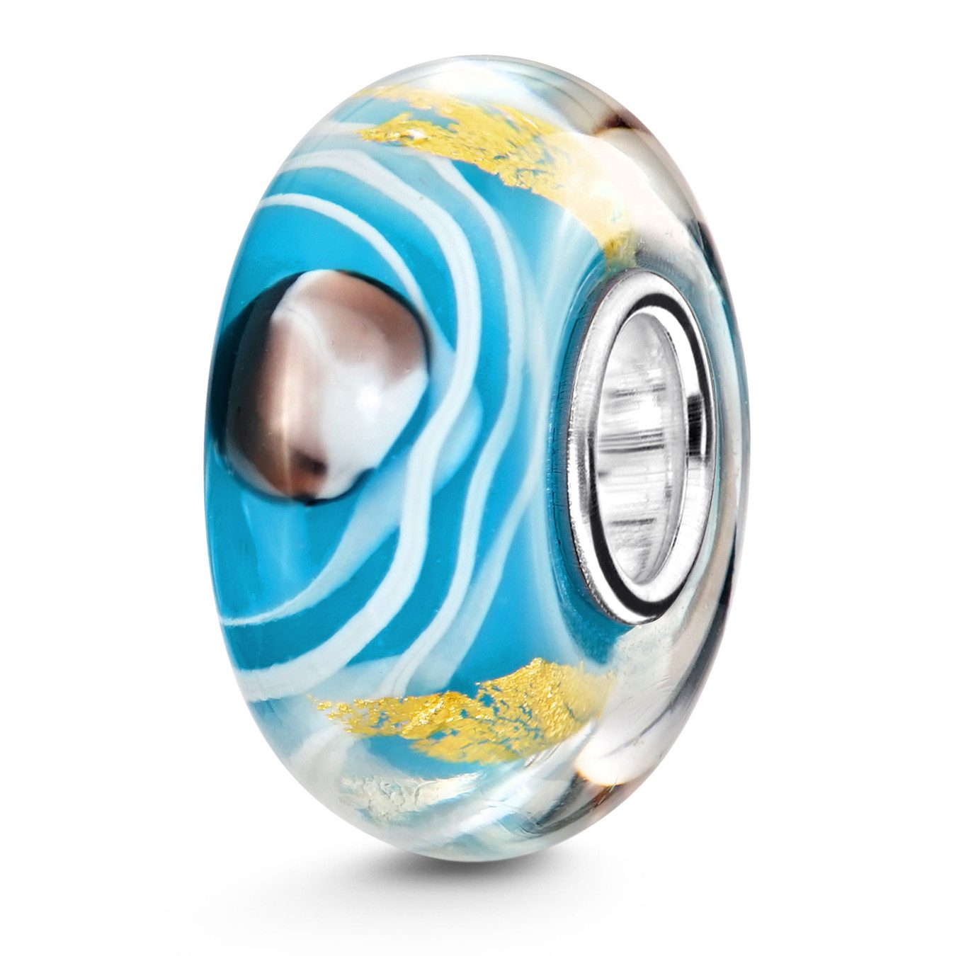 Bead Glasperle Blau Weiß Braun mit Goldfolie Hülse 925 Silber 1263