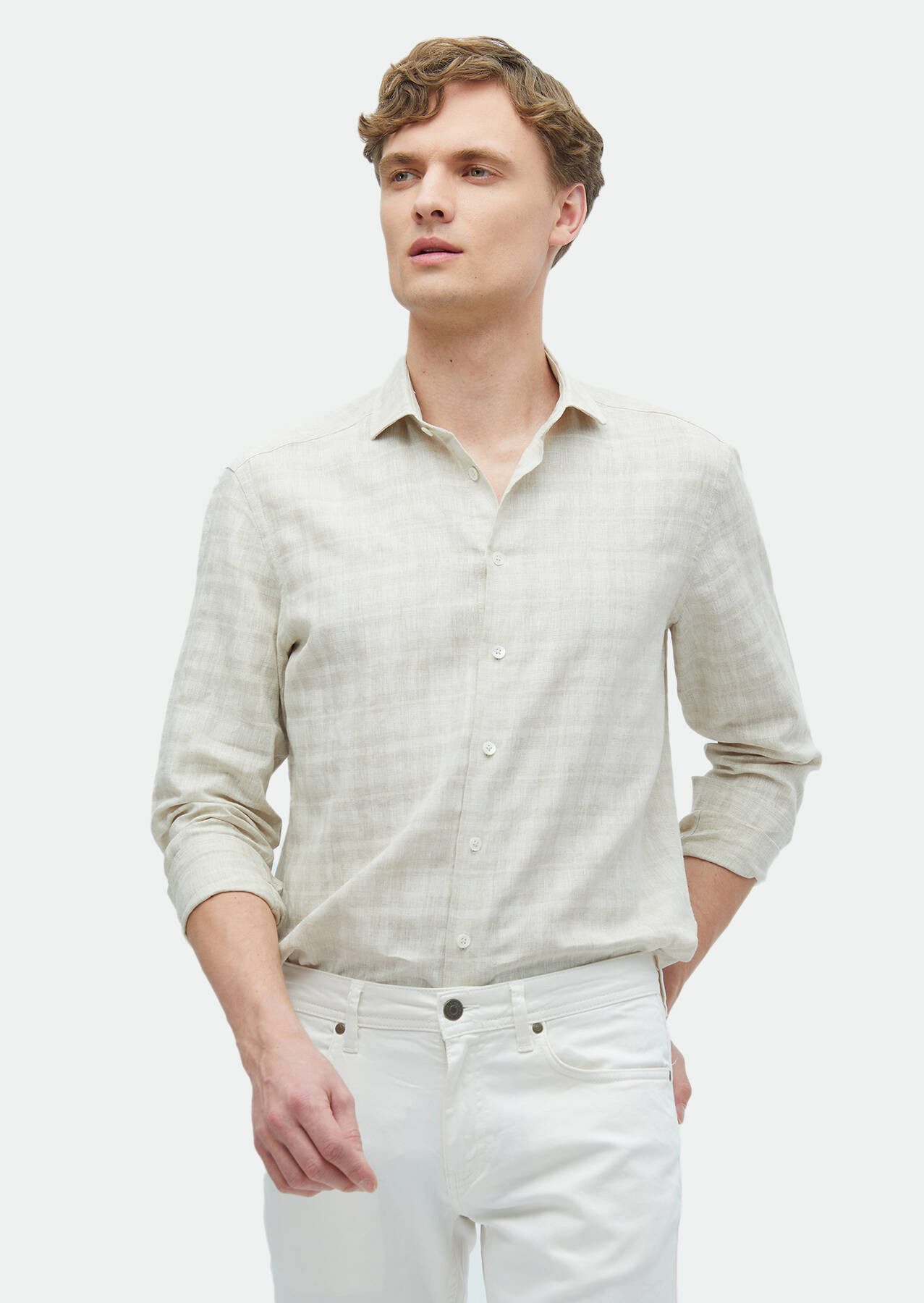 Langarmhemd Beige Bedrucktes Regular Fit Leinenhemd