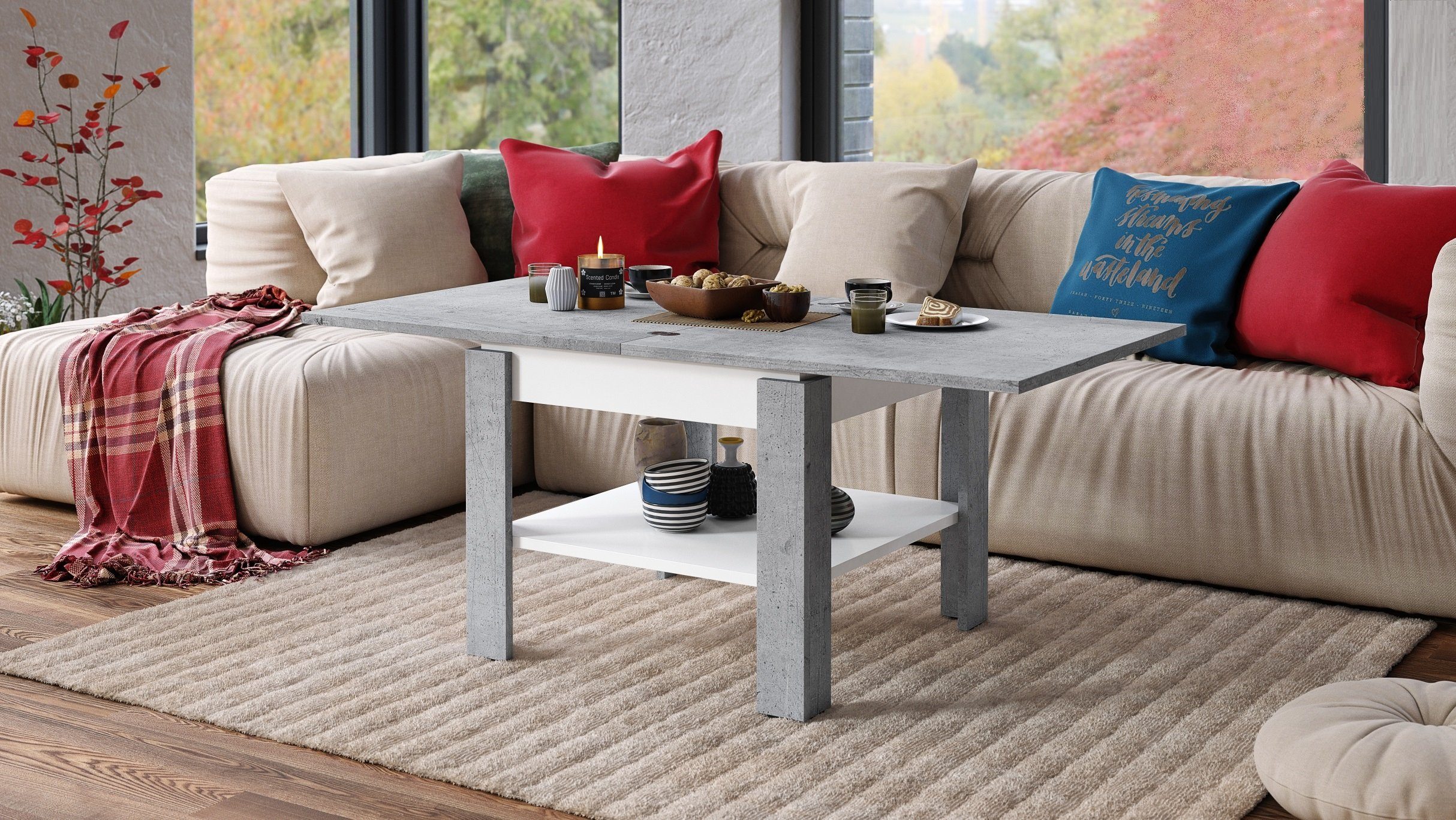 Mazzoni Couchtisch Design Tisch Leo Beton - Weiß matt aufklappbar 65 - 130cm Esstisch Beton / Weiß matt