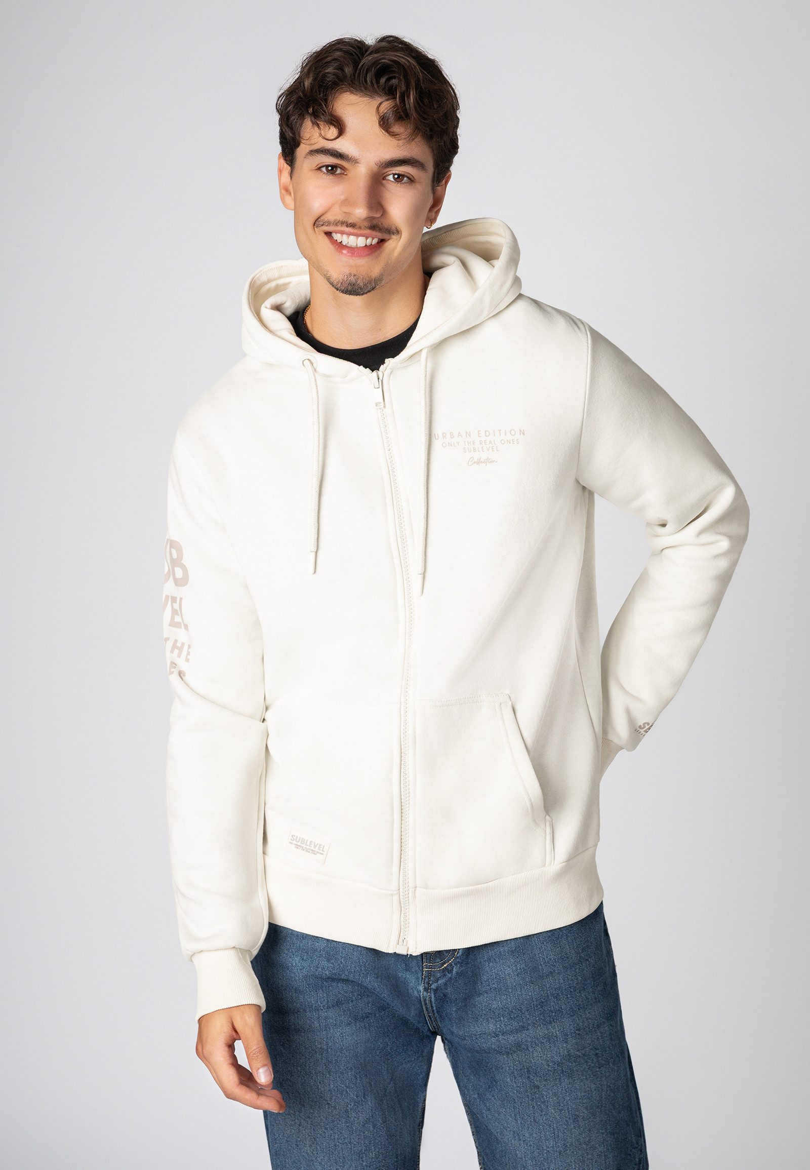 SUBLEVEL Kapuzensweatjacke Herren Zipperjacke mit Kapuzen Print Sweatshirtjacke, Kapuzenpullover mit Kängurutasche und Kapuze