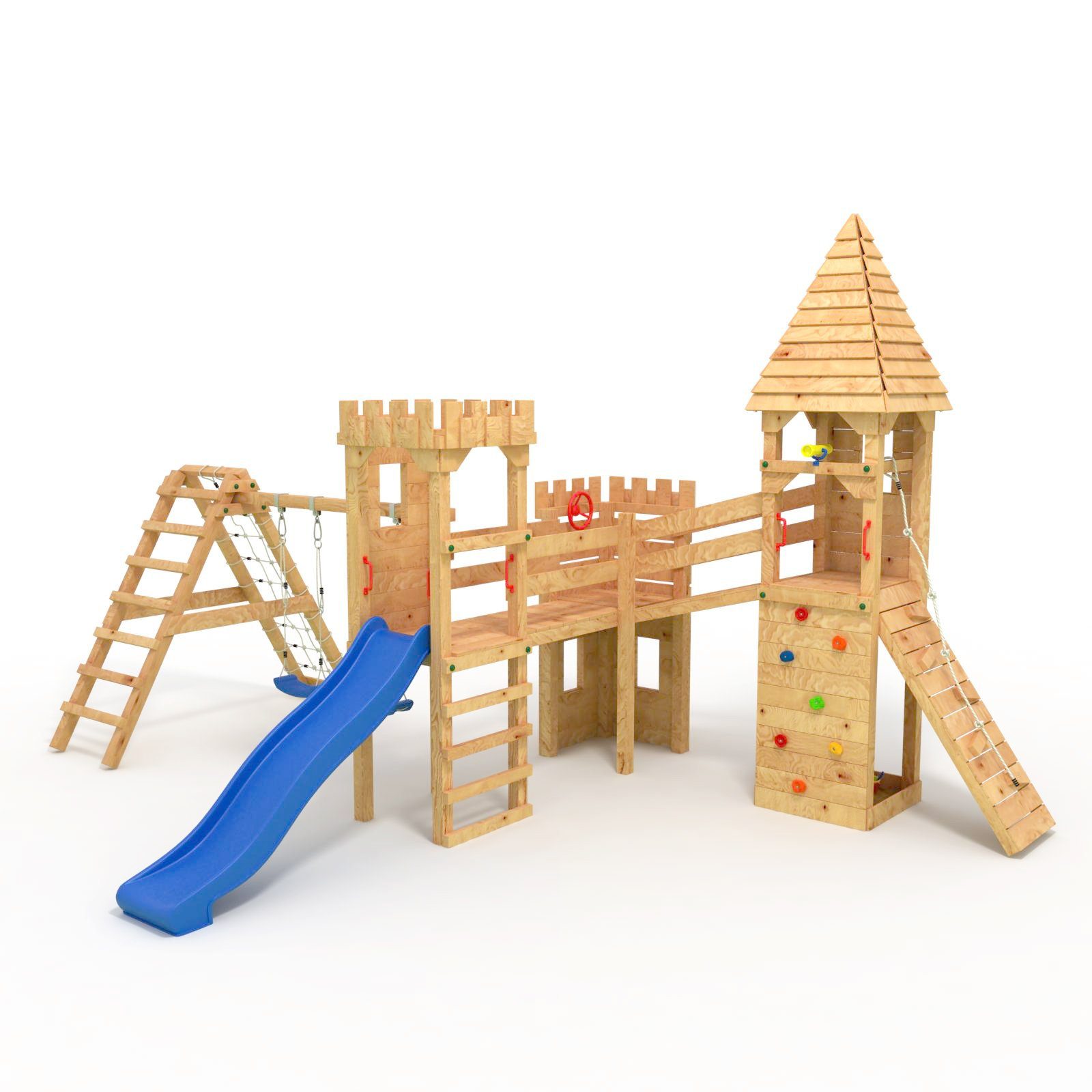 bibex Spielturm Ritterburg "XXL" - 3x Klettertürme, Rutsche, Kletterwand, Sandkasten