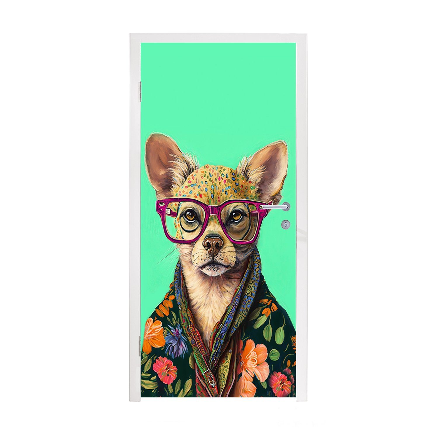 Chihuahua, Matt, - bedruckt, - Blumen Tür, Türtapete Hund MuchoWow Brille für - Tier St), Fototapete 75x205 Türaufkleber, cm (1 -